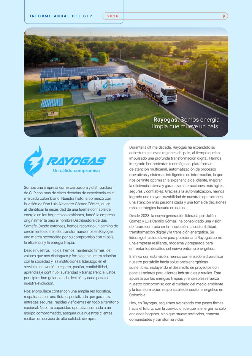 GasnovaCo's tweet photo. RAYOGAS: Más de 50 años impulsando a Colombia con la energía limpia y confiable del GLP. 🇨🇴🔥
En el #InformeAnualGLP 2026 destacamos la historia, solidez y capacidad logística de nuestra afiliada #Rayogas.
🔗 Consulte el informe completo aquí 👉 https://t.co/GrOrKCxE6e
#SomosGLP #InformeAnualGLP #Rayogas #EnergíaEnCrecimiento #Gasnova @Superservicios @MinEnergiaCo @comisioncreg @ECOPETROL_SA @WorldLiquidGas @GasGuia