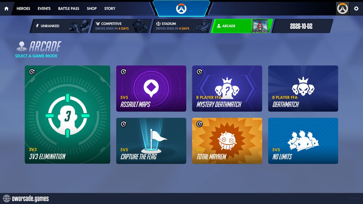 owarcadegames's tweet photo. Today in Overwatch Arcade - 2026-10-02
⭐ 3V3 ELIMINATION
ASSAULT MAPS / CAPTURE THE FLAG
MYSTERY DEATHMATCH / TOTAL MAYHEM
DEATHMATCH / NO LIMITS
#overwatch #overwatcharcade #totalmayhem https://t.co/xVoWTDwiRp