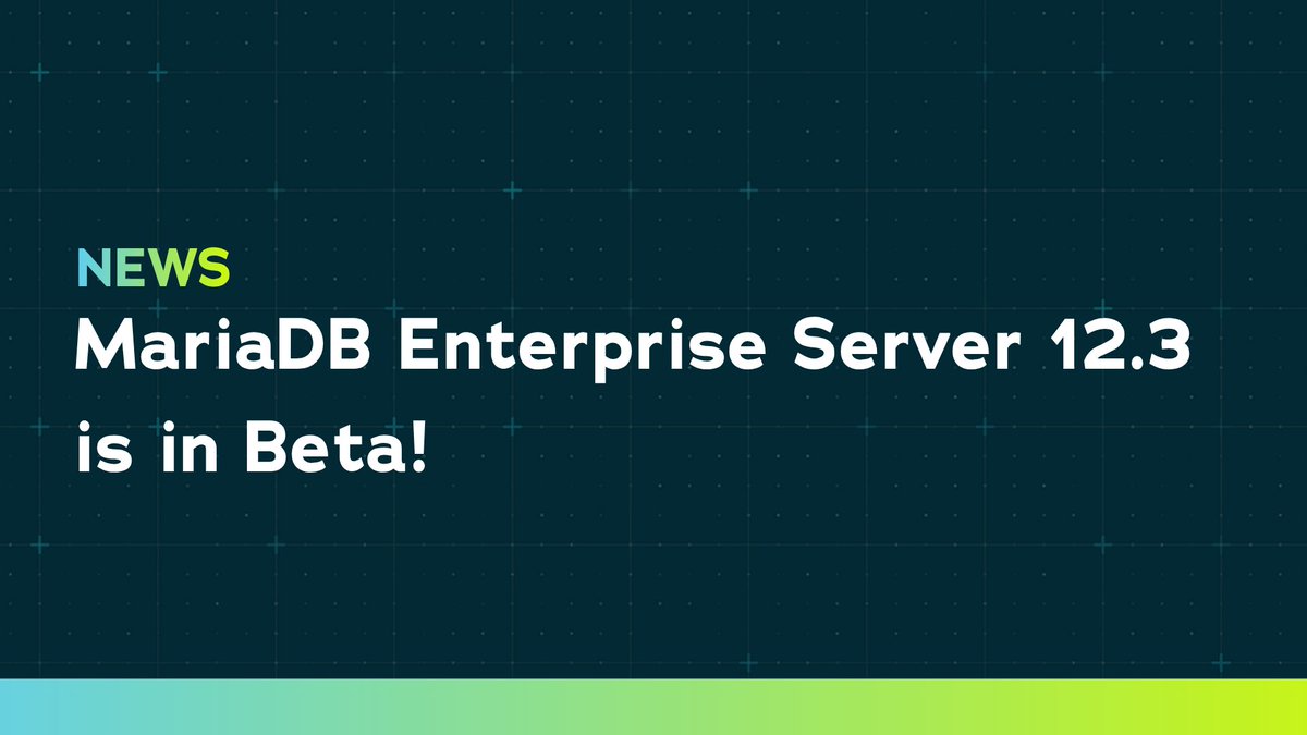 mariadb's tweet photo. MariaDB Enterprise Server 12.3.3-0 ES Beta is now available for testing — the first beta build of the upcoming MariaDB Enterprise Server 12.3 release line!

Built on the foundation of MariaDB Community Server 12.3 LTS, this enterprise beta comes with three commercial-only capabilities for mission-critical, multi-node deployments:

✅ Raft Cluster, which commits a write once a majority of nodes, including the leader, have durably stored it, rather than waiting on the most distant node.

✅ Conflict detection, which fires an application-defined trigger when two nodes modify the same row.

✅ Password-less TLS, which authenticates clients with no static password stored or transmitted.

General availability is planned as part of MariaDB Enterprise Platform 2027 — but you can walk through the build with MariaDB's Ralf Gebhardt: https://t.co/BHassV1vMr