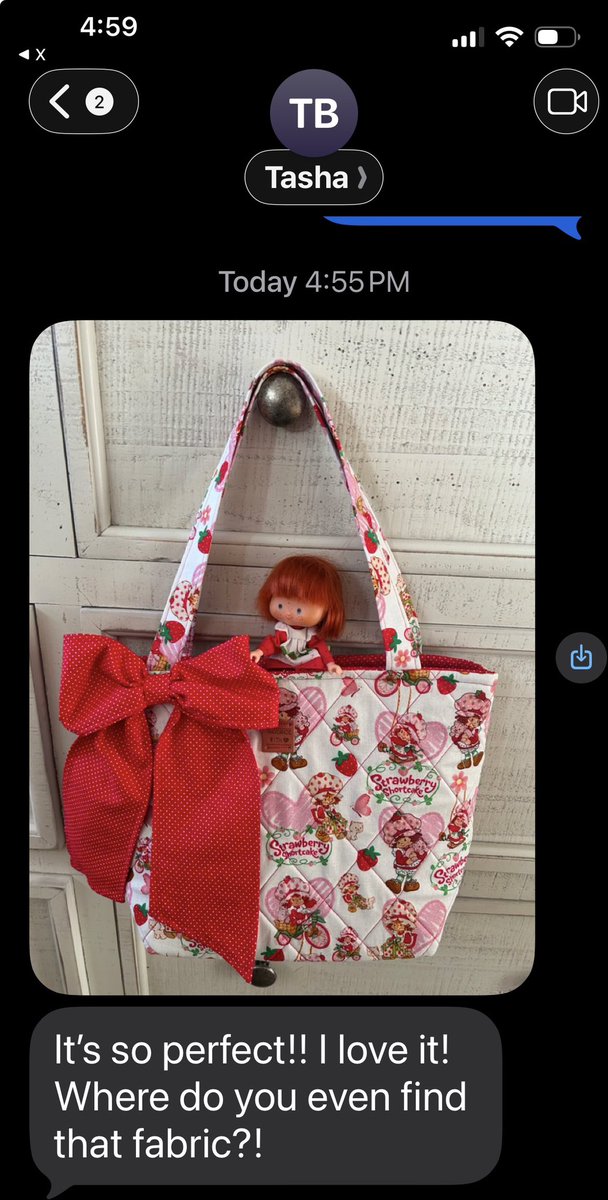 Noash22's tweet photo. My cousin in law recieved her Strawberry Shortcake bag! This girl spins her own yarn and is a phenomenal knitter and quilter. I was almost scared to send her a bag because I just know she could do better 😅😅😅 anyway, look at her old Strawberry shortcake in there 🥰 https://t.co/kNKLlNeMUe
