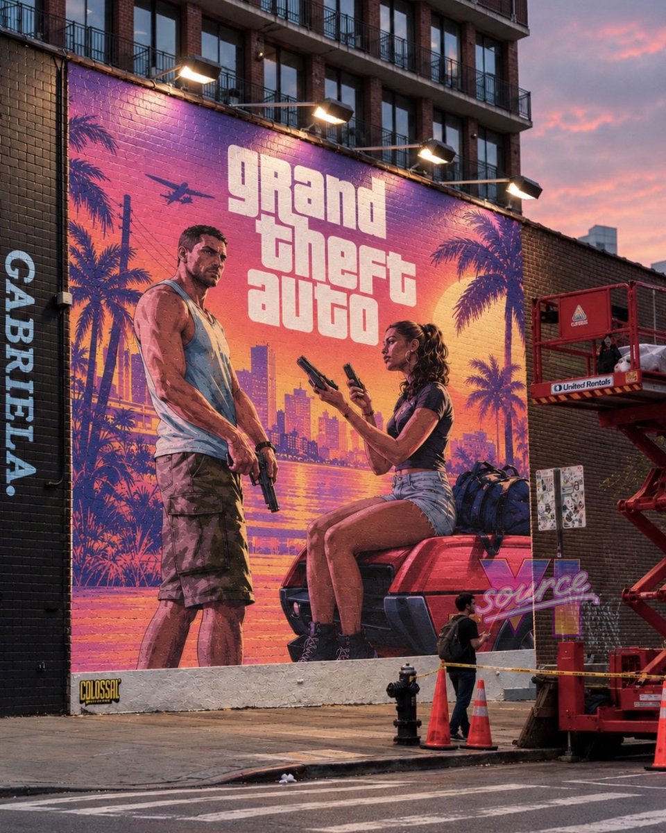 SourceVI's tweet photo. 🚨 FIRST LOOK: This is what the completed GTA 6 mural in Brooklyn, New York is expected to look like. 🎨

The massive mural will recreate Rockstar Games' official Grand Theft Auto 6 artwork featuring Jason and Lucia, bringing Vice City to the streets of NYC ahead of GTA VI release. 🌴 @thrill_com