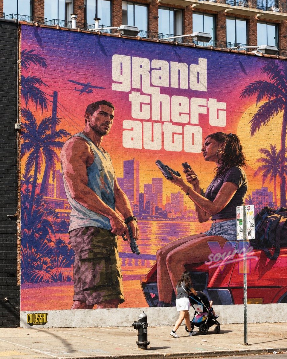 SourceVI's tweet photo. 🚨 FIRST LOOK: This is what the completed GTA 6 mural in Brooklyn, New York is expected to look like. 🎨

The massive mural will recreate Rockstar Games' official Grand Theft Auto 6 artwork featuring Jason and Lucia, bringing Vice City to the streets of NYC ahead of GTA VI release. 🌴 @thrill_com