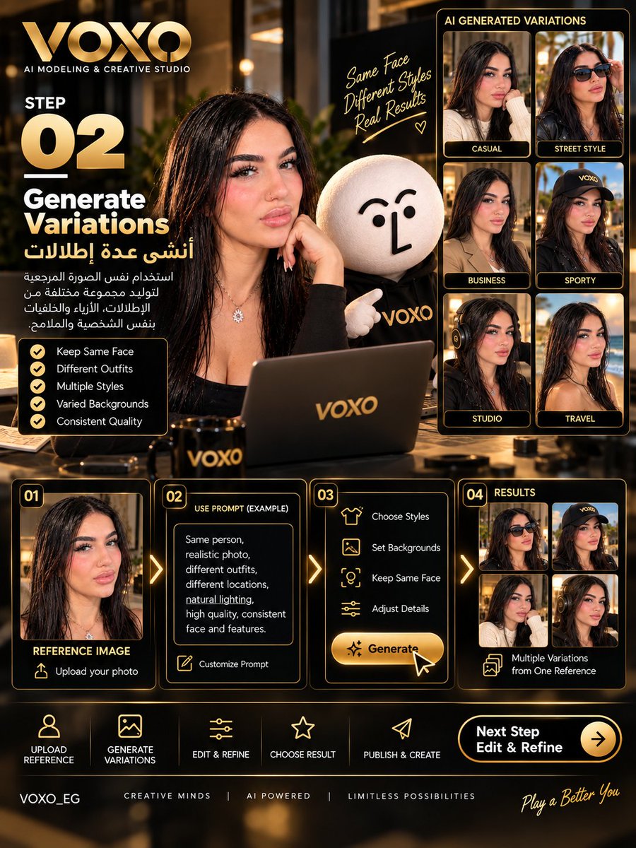 voxo_eg's tweet photo. AI MODELING | من صورة مرجعية لنتائج حقيقية ✨ إزاي بنحوّل صورة واحدة لـ 

AI Modeling كامل للـFashion والـProducts؟ 👀🔥

 مع VOXO AI Studio بنحوّل الـreference بتاعتك لمحتوى بصري واقعي ومناسب للـBrand، من أول اختيار المرجع لحد النتيجة النهائية الجاهزة للنشر. https://t.co/B8P6WPOcbz