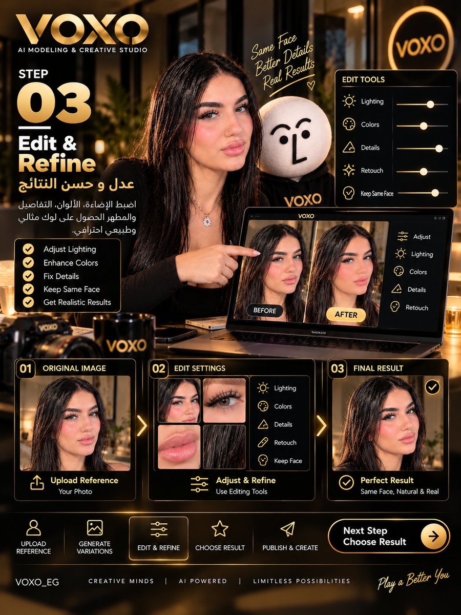 voxo_eg's tweet photo. AI MODELING | من صورة مرجعية لنتائج حقيقية ✨ إزاي بنحوّل صورة واحدة لـ 

AI Modeling كامل للـFashion والـProducts؟ 👀🔥

 مع VOXO AI Studio بنحوّل الـreference بتاعتك لمحتوى بصري واقعي ومناسب للـBrand، من أول اختيار المرجع لحد النتيجة النهائية الجاهزة للنشر. https://t.co/B8P6WPOcbz