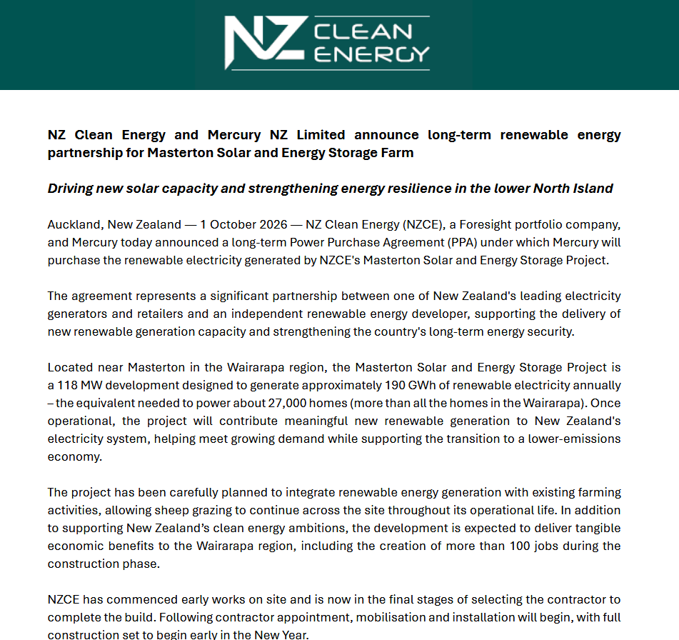 Poission51's tweet photo. Mercury undertakes PPA with NZ Clean energy for Masterton solar energy farm.118MW (190GWh) early works underway,with construction expected in new year following final EPC selection. https://t.co/k7RsjU6JK2