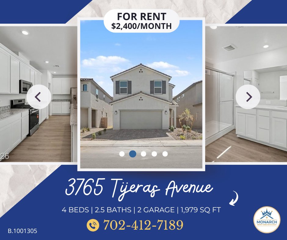 mgm_monarch's tweet photo. 🔑 COULD THIS BE YOUR NEXT HOME? 🏡

📍 3765 Tijeras Ave.
🛏️ 4 BD | 🛁 2.5 BA
📐 1,979 Sq. Ft. | 🚗 2-Car Garage
🍳 Gourmet Kitchen | ⚡ EV Pre-Wiring
💰 $2,400/mo

📞 702-412-7189

#LasVegasRentals #ForRent #MonarchPM https://t.co/DRkdMMofJw