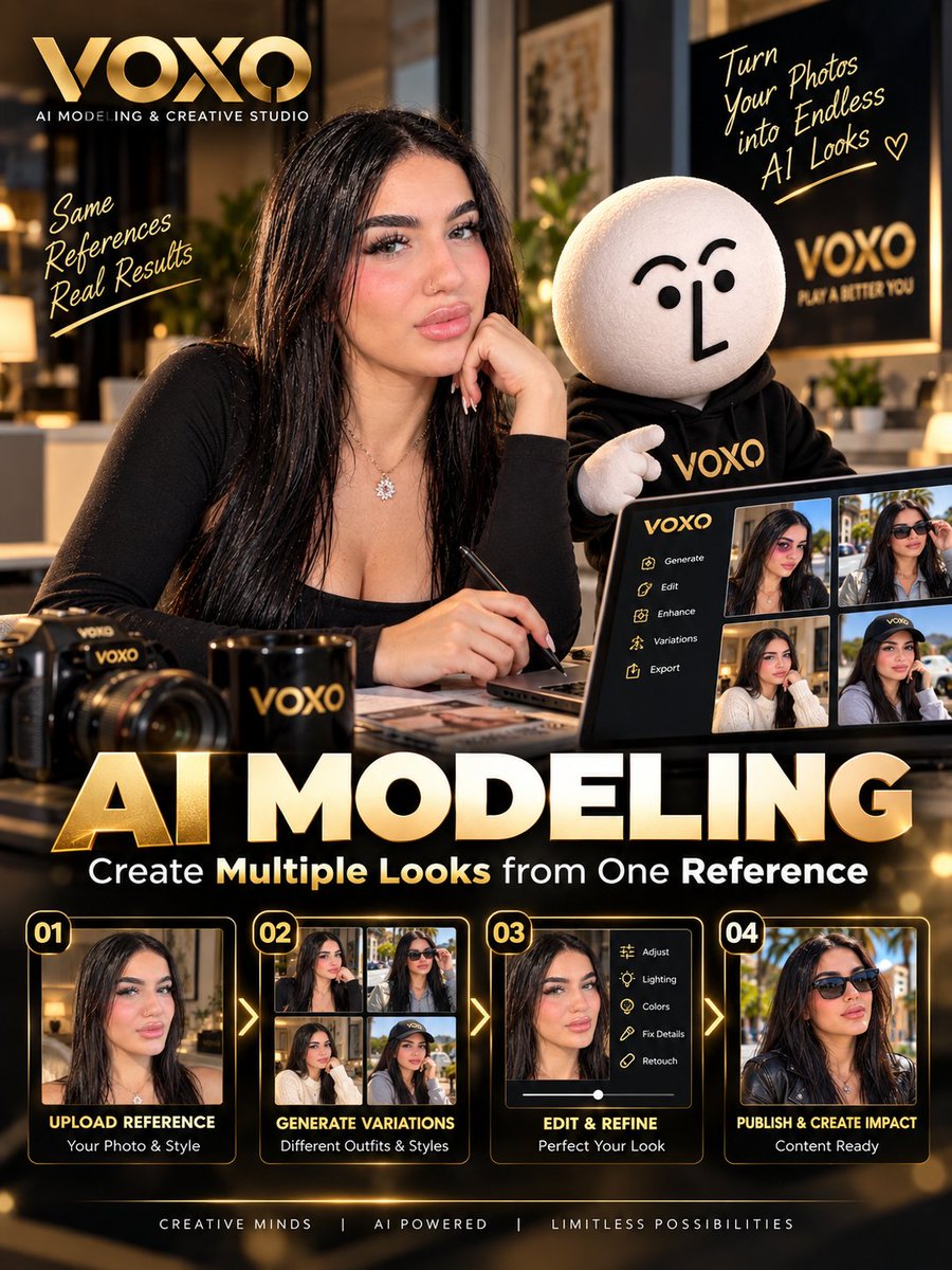 voxo_eg's tweet photo. AI MODELING | من صورة مرجعية لنتائج حقيقية ✨ إزاي بنحوّل صورة واحدة لـ 

AI Modeling كامل للـFashion والـProducts؟ 👀🔥

 مع VOXO AI Studio بنحوّل الـreference بتاعتك لمحتوى بصري واقعي ومناسب للـBrand، من أول اختيار المرجع لحد النتيجة النهائية الجاهزة للنشر. https://t.co/B8P6WPOcbz