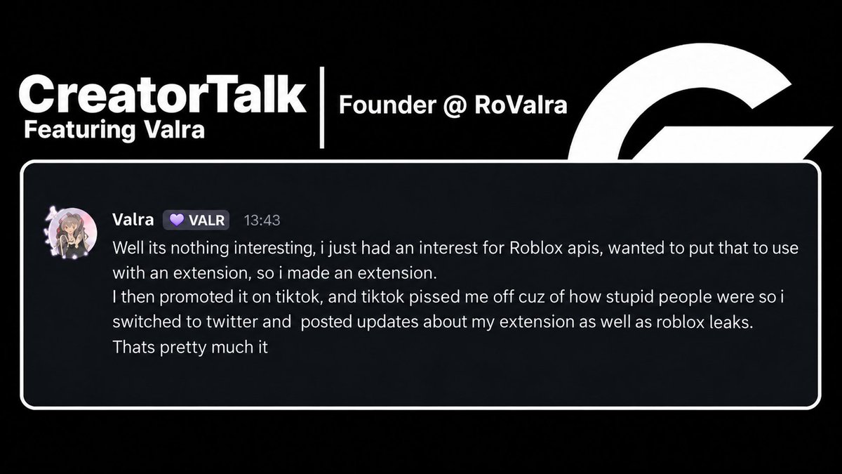 CreatorTalkings's tweet photo. "Well its nothing interesting, i just had an interest for Roblox apis, wanted to put that to use with an extention, so i made an extension"

I asked @ValraSwag, the founder of one of the biggest Roblox extensions, how they got into the place they are in today 👇 https://t.co/1LG4zahMxi