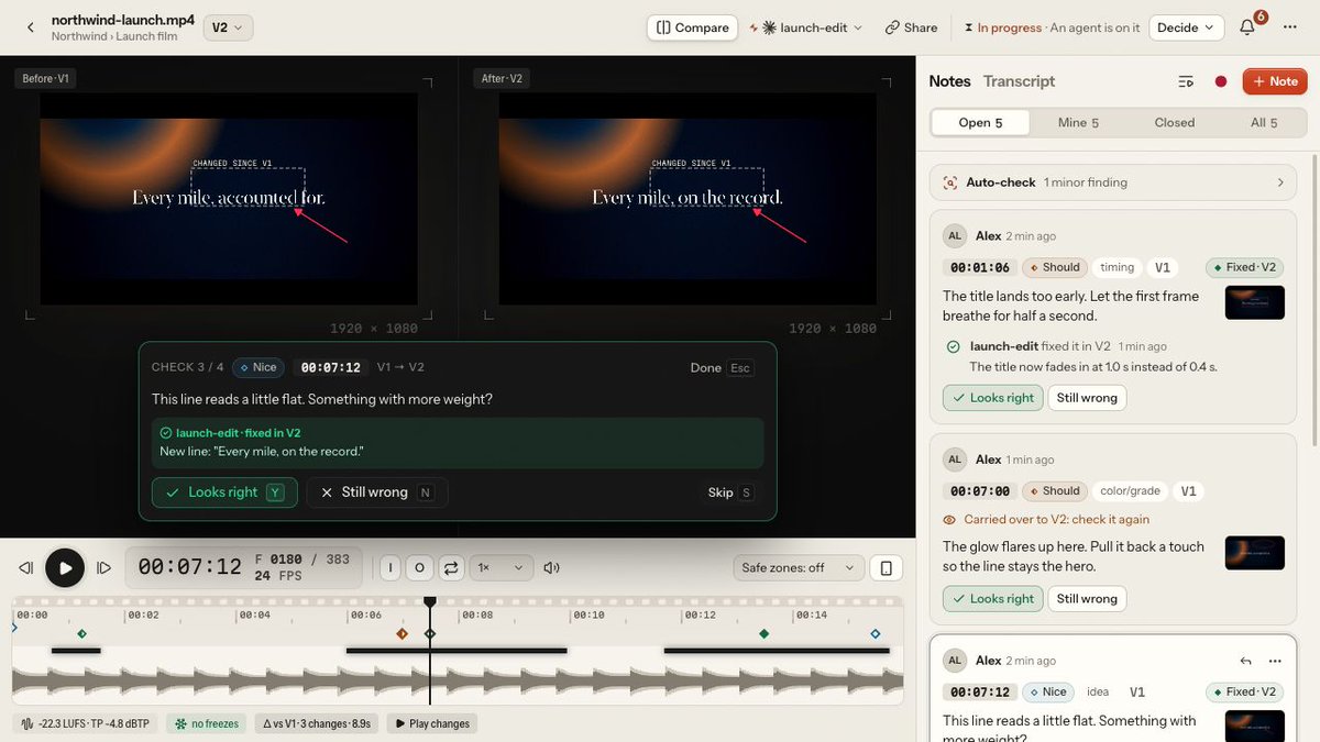 lampo_video's tweet photo. the agent: fixed.
me: show me.

lampo keeps the feedback, the next render and the before/after together.

let the agent do the edit. you make the final call.

prepared demo · building in public https://t.co/euQvOAc3Zs