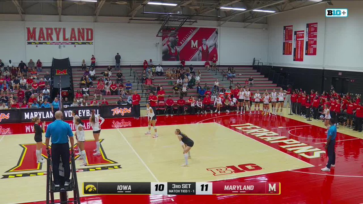A Big Ten volleyball match between Iowa and Maryland at Maryland's campus gym, with the on-screen scoreboard showing 'IOWA 10, 3RD SET, 11 MARYLAND' and 'MATCH TIED 1-1'.