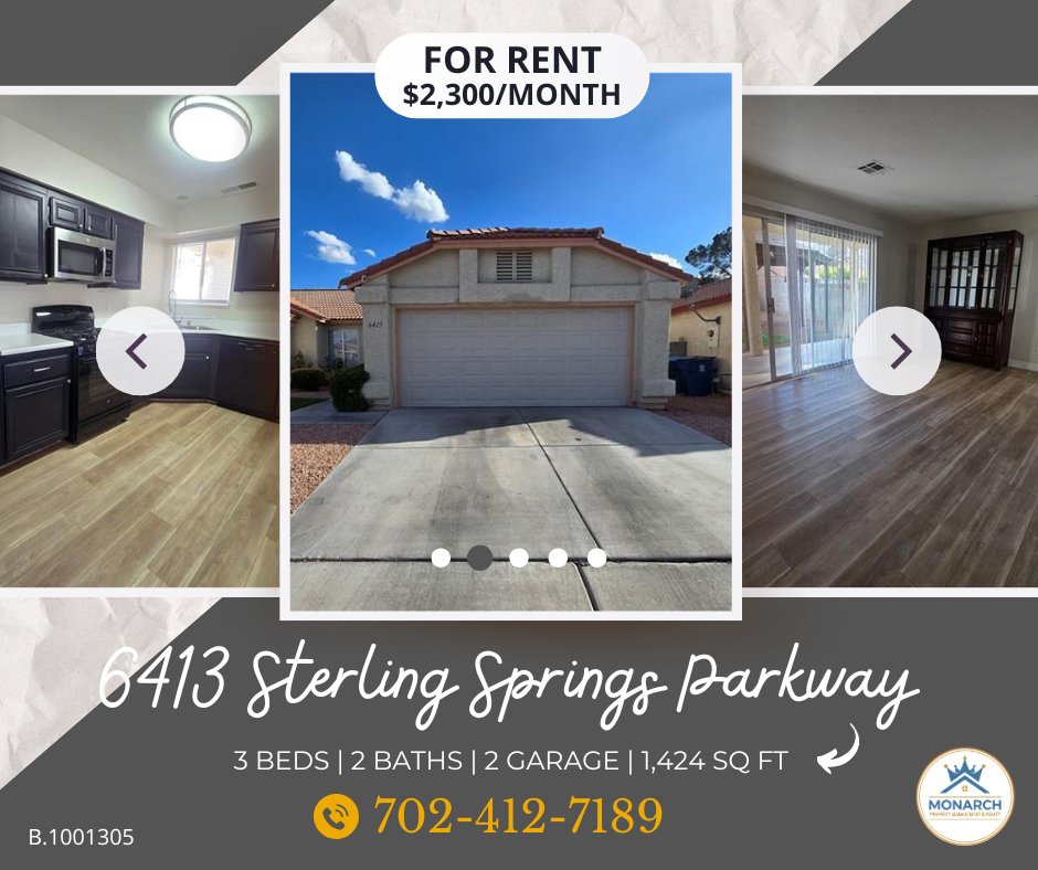 mgm_monarch's tweet photo. 🌳☀️ YOUR OUTDOOR SPACE AWAITS! 🏡

📍 6413 Sterling Springs Pkwy
🛏️ 3 BD | 🛁 2 BA | 📐 1,424 Sq. Ft.
🚗 2-Car Garage | 🌳 Covered Patio
☀️ Solar Panels | 🏡 Backyard Access
💰 $2,300/mo

📞 702-412-7189

#LasVegasRentals #ForRent #OutdoorLiving #MonarchPM https://t.co/jua9q2ZN6j