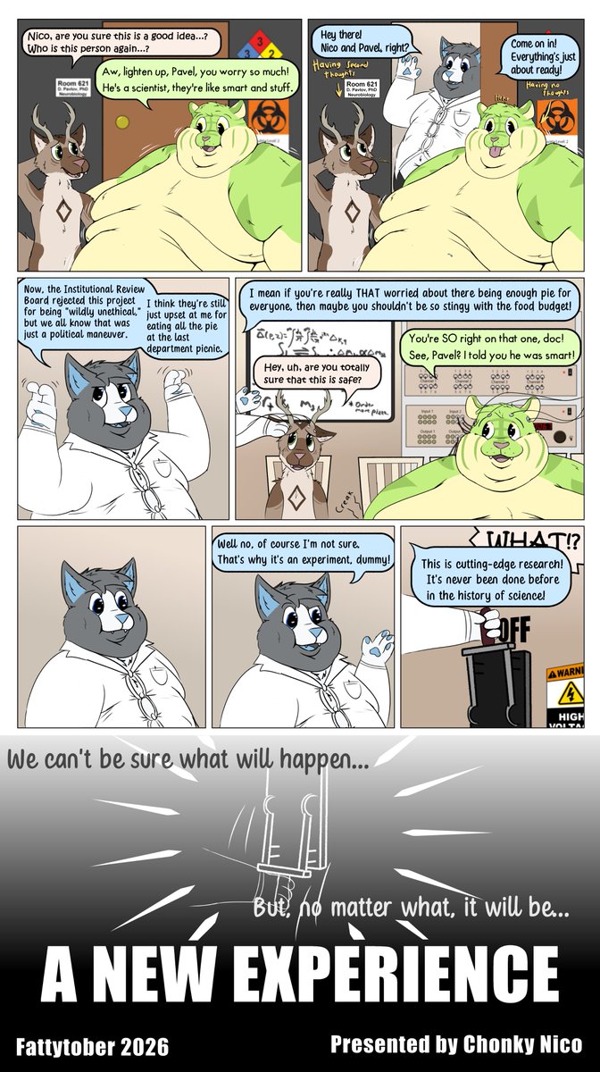 fatfatnicocat's tweet photo. Fattytober Day 1: "New Experience"

Nico has roped Pavel into coming along with him to help out a local scientist with an experiment. I'm sure nothing *too* unforeseen will happen :3c

Welcome to my second Fattytober, I hope you all enjoy it!! :3 https://t.co/aqkYO7sJwV