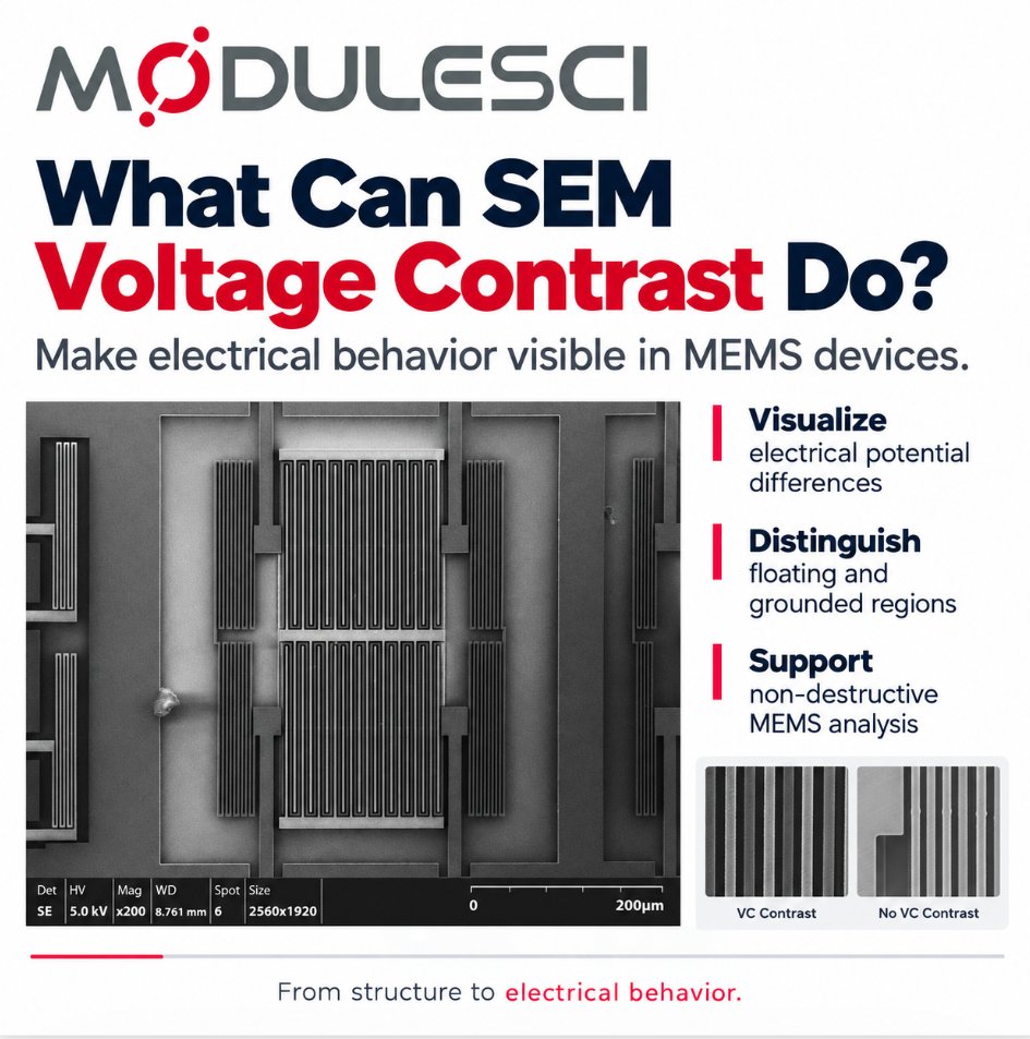 modulesci's tweet photo. Seeing the Invisible: SEM Reveals Voltage Contrast in MEMS Devices
SEM detects voltage contrast on MEMS. Floating parts look brighter and grounded areas darker. It is a non-destructive way to find open circuits and electrical faults inside micro devices.
#MEMS #VoltageContrast https://t.co/THcoNCkwA0