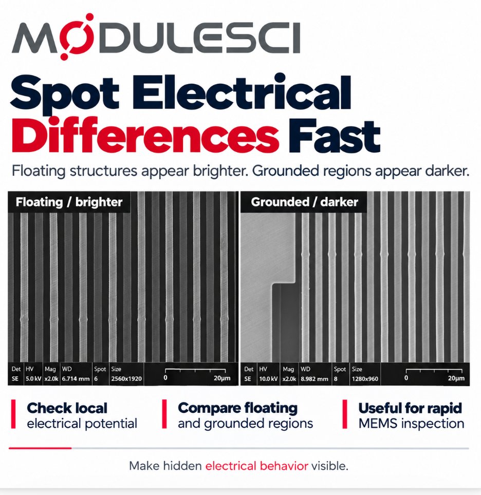 modulesci's tweet photo. Seeing the Invisible: SEM Reveals Voltage Contrast in MEMS Devices
SEM detects voltage contrast on MEMS. Floating parts look brighter and grounded areas darker. It is a non-destructive way to find open circuits and electrical faults inside micro devices.
#MEMS #VoltageContrast https://t.co/THcoNCkwA0