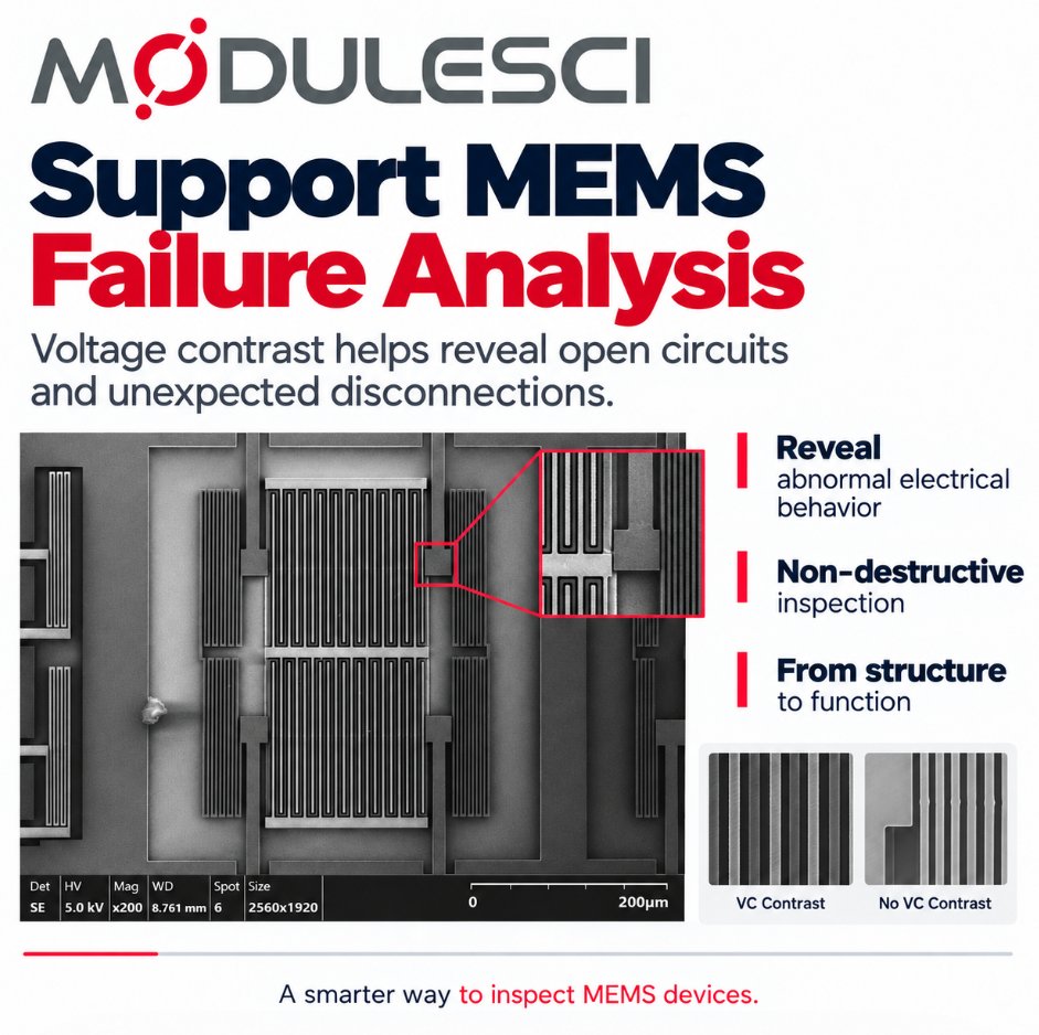 modulesci's tweet photo. Seeing the Invisible: SEM Reveals Voltage Contrast in MEMS Devices
SEM detects voltage contrast on MEMS. Floating parts look brighter and grounded areas darker. It is a non-destructive way to find open circuits and electrical faults inside micro devices.
#MEMS #VoltageContrast https://t.co/THcoNCkwA0