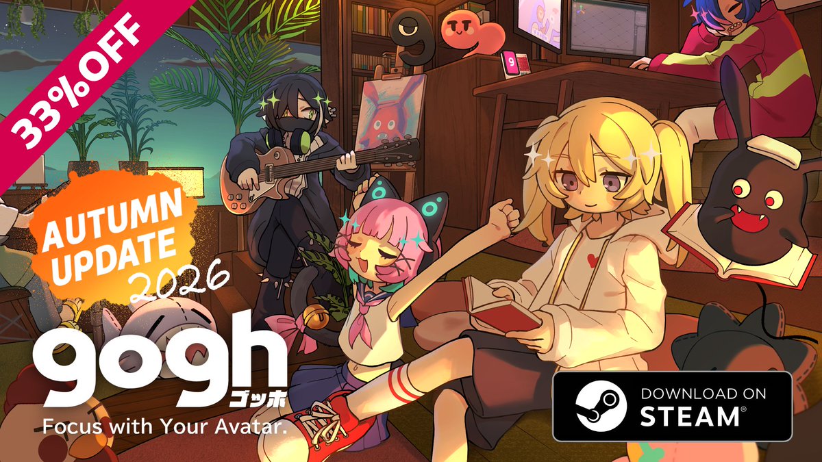 goghJPN's tweet photo. 【🍁Steam版gogh 33%OFF！🍁】

マルチプレイ作業集中ゲーム「gogh」がSteamオータムセールで33%OFF！

大型アプデで、みんなで集中する「Focus Party」や、メイク・服づくりができる「マイアイテム機能」も登場✨

ぜひこの機会に、goghの世界へ！！！！
https://t.co/V2vFQNwrXA https://t.co/njBZNHyCYP