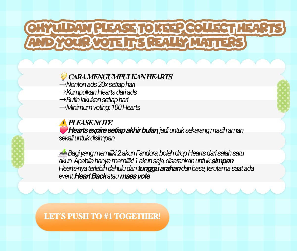 OhyulSVTeamINA's tweet photo. 🚨 #OHYUL VOTING REMINDER — FAN CHALLENGE FINAL ROUND S2 ON FANDORA.  

🗓 October 1 ~ October 15 
🏆 Hongdae Entrance Station 
🎯 current rank #1 

⚠️ NOTE 
❤️ Hearts expire at the end of each month, but for now, they are still safe. 
 
let's secured to position #OHYUL #LNGSHOT https://t.co/SUTInFb3SJ