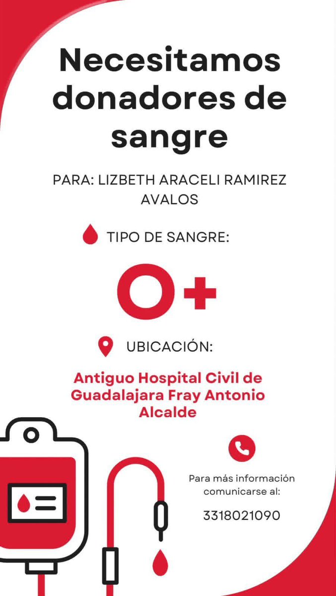 donaenvida's tweet photo. #URGENTE #Jalisco #Sangre tipo O+ para Lizbeth Araceli Ramírez Ávalos, en el Antiguo Hospital Civil de Guadalajara Fray Antonio Alcalde.
Contactar al: 331 802 1090.

#DonaEnVida https://t.co/OZwnwoEYln