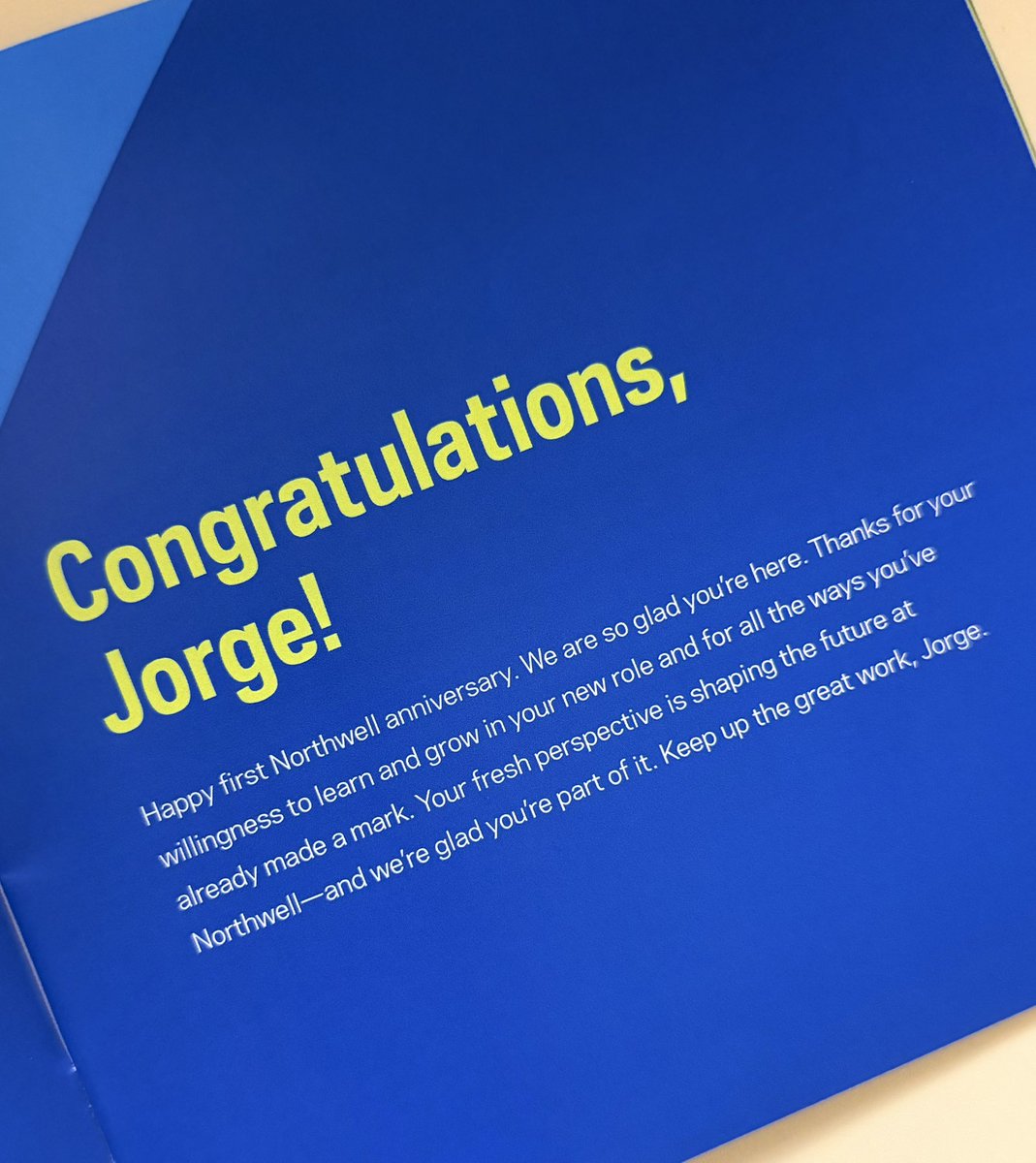 JorgeRedrovan94's tweet photo. What a wonderful surprise! 
Today marks my first anniversary at Northwell Health, and I wasn’t expecting to receive this message. I absolutely loved it.
One line especially stayed with me:
Your fresh perspective is shaping the future at Northwell and we’re glad you’re part of it https://t.co/dvpzlYGn5t