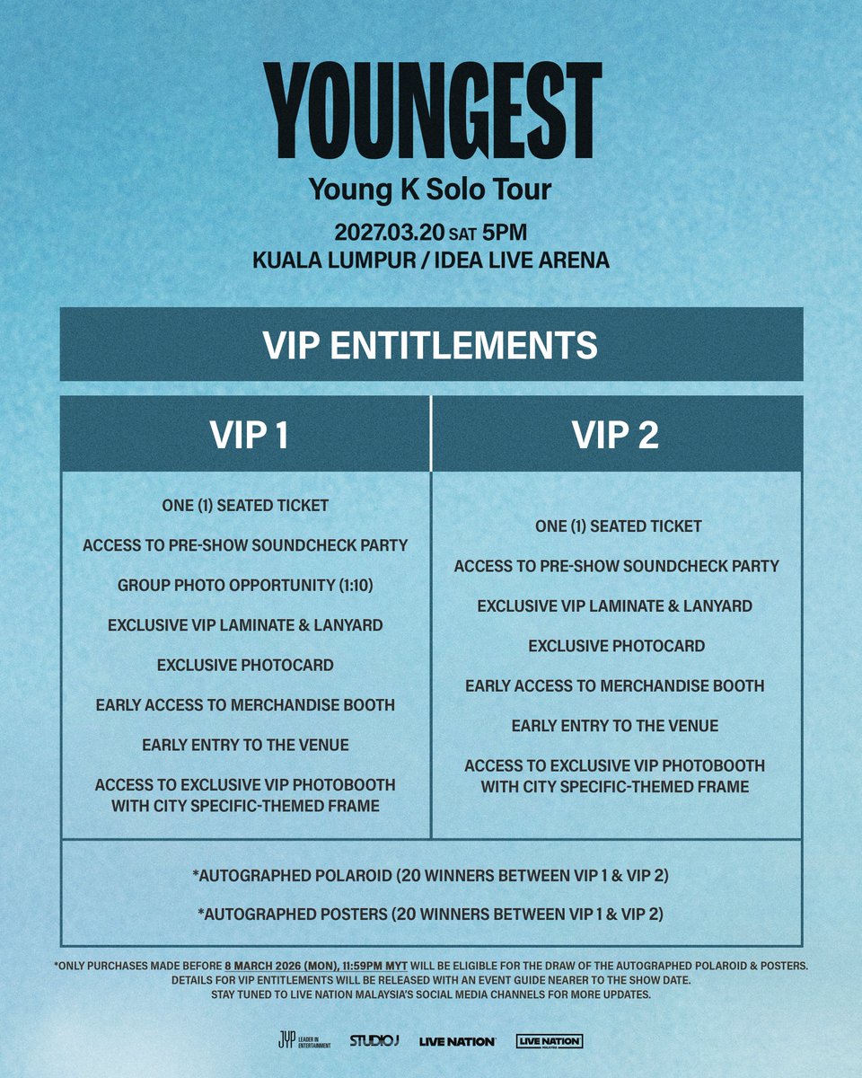 GoLiveAsia's tweet photo. My Day, this is what you’ve waited for! 🩵 Young K is finally coming back to Malaysia for his solo tour! ✨

Save the dates and get ready to secure your tickets 🎟️

Young K Solo Tour <YOUNGEST> in KUALA LUMPUR
📅 20 March 2027 (SAT)
📍Idea Live Arena
🎫: https://t.co/k5orR3DOdz https://t.co/qID6iNMKdI
