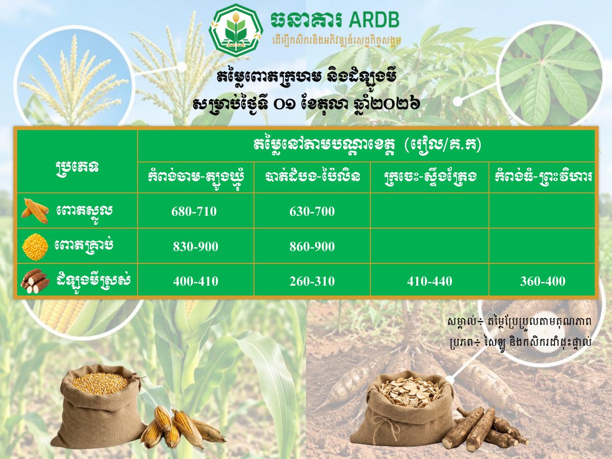 bank_rural's tweet photo. តារាងតម្លៃដំណាំយុទ្ធសាស្ត្រ ប្រចាំថ្ងៃទី១ ខែតុលា ឆ្នាំ២០២៦
#ARDB #AgriculturalandRuralDevelopmentBank #Saving #Cambodia #SecureBanking https://t.co/wl8BqpSSrX