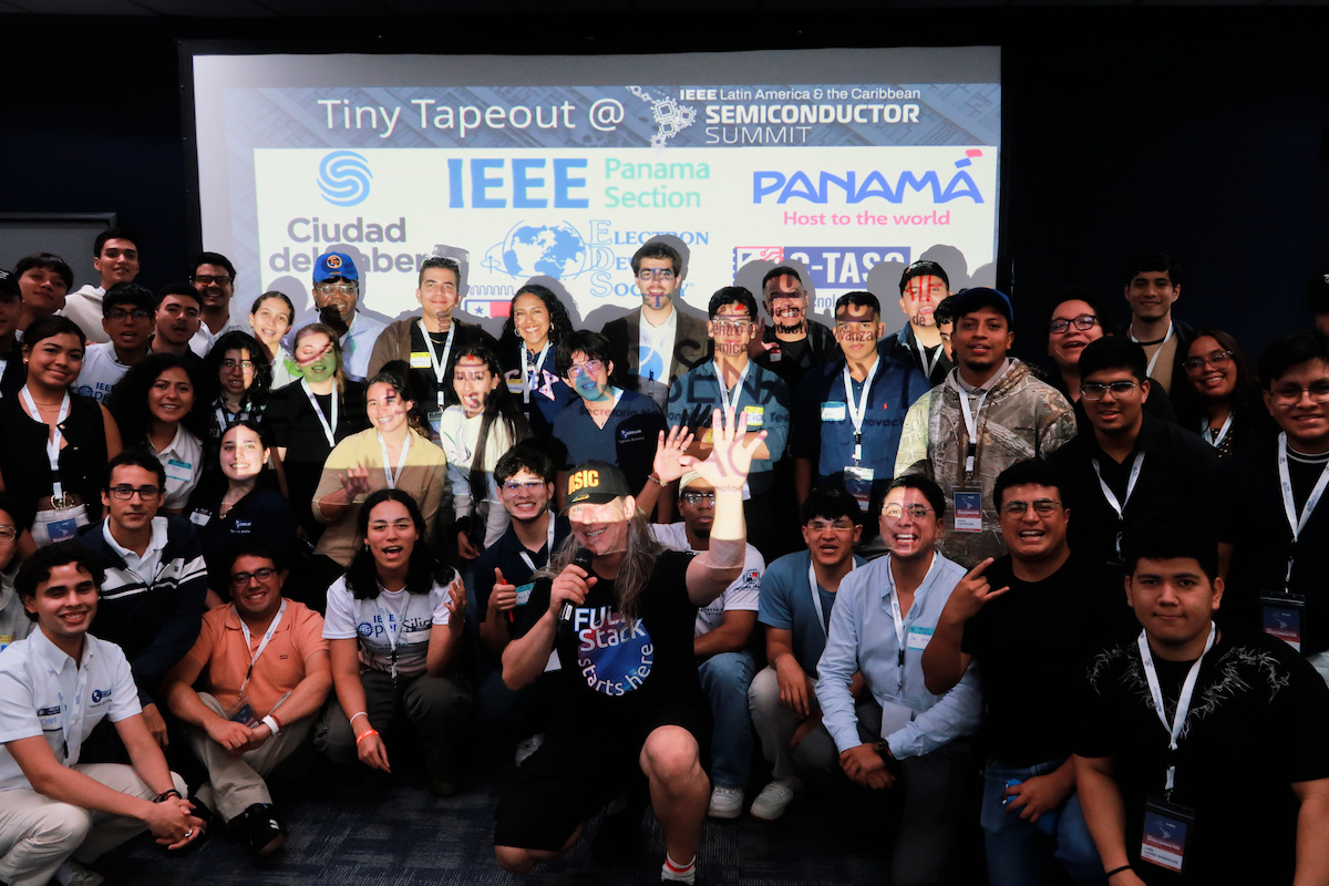 PsychogenicTech's tweet photo. First day of @tinytapeout  workshop at the IEEE Latin America &amp; the Caribbean Semiconductor Summit , in Panama. Congrats all who sculpted silicon and got to tape out! Big thanks to TAs--Andrea, Denis, Josue and Oriel--and to Fernando and @IEEEPanama for making it happen! https://t.co/7uLkMADSbe