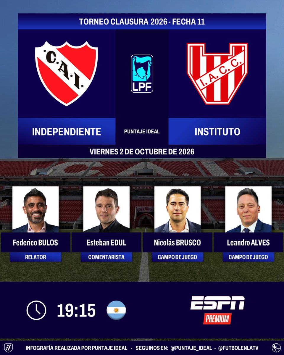Puntaje_Ideal's tweet photo. ⚽ #TorneoClausura2026 🇦🇷 | #Independiente vs. #Instituto 
🎙️ Relator: @federicobulos 
🎙️ Comentarista: @estebanedul 
🎙️ Campo de juego: @nicobrusco86 - @lea_alves  
📺 #ESPNPremium 🇦🇷
🤳 #LPFxESPN - #PackFutbol 
Dale RT 🔃 https://t.co/PQq6JufEf8