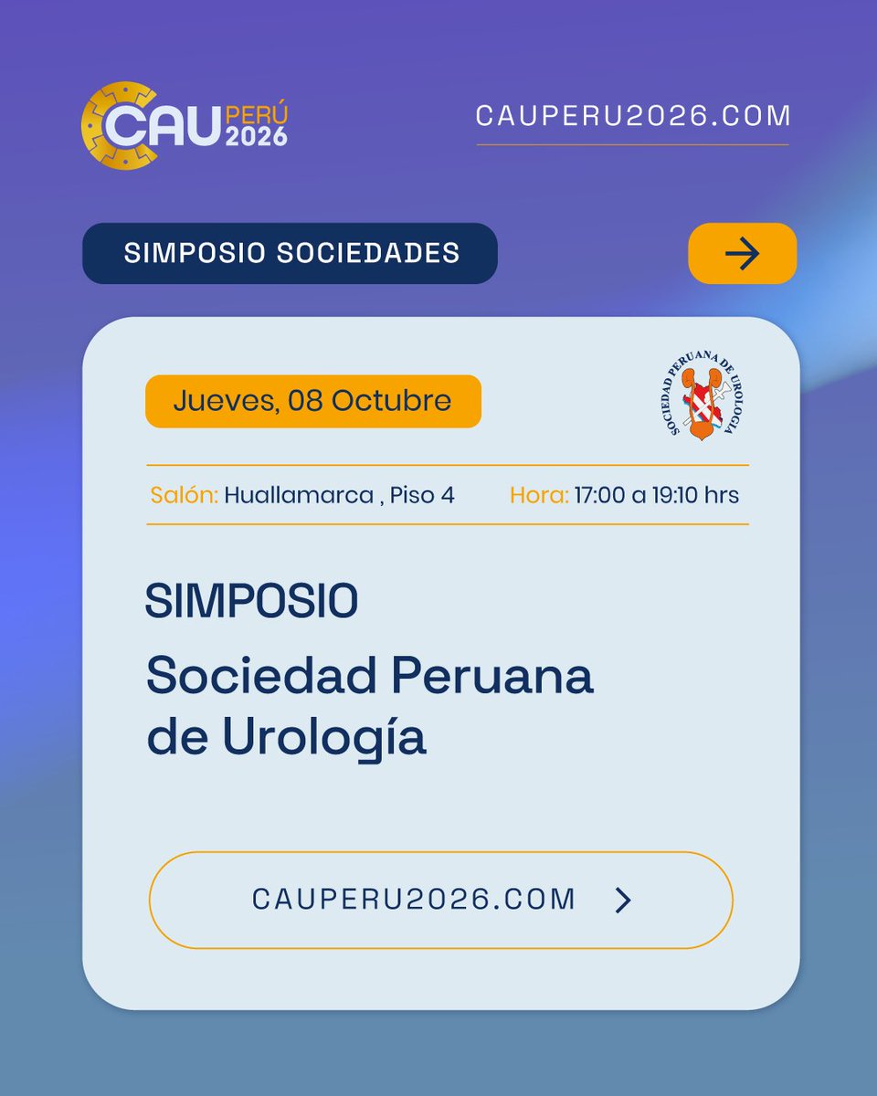 CAU_URO's tweet photo. ¡Agenda lista para los Simposios Sociedades en el #CAU2026! 🗓️🇵🇪
Acompáñanos en Lima: 🇦🇷🇧🇴🇵🇾 07/Oct | Salón Cajamarquilla🇵🇪 08/Oct | Salón Huallamarca🇨🇴🇵🇦🇪🇨 09/Oct | Salón Mateo Salado⏰ 17:00 h
🔗 https://t.co/fL0G68qKb2
#Urología #Medicina https://t.co/riAuLcK2pM