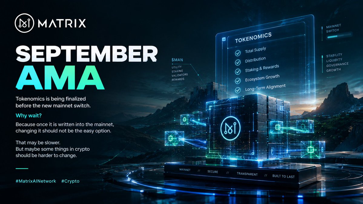 MatrixAINetwork's tweet photo. Tokenomics is being finalized before the new mainnet switch.

Why wait?

Because once it is written into the mainnet, changing it should not be the easy option.

That may be slower.

But maybe some things in crypto should be harder to change.

#MatrixAINetwork #Crypto https://t.co/fIVxlKBy1Z