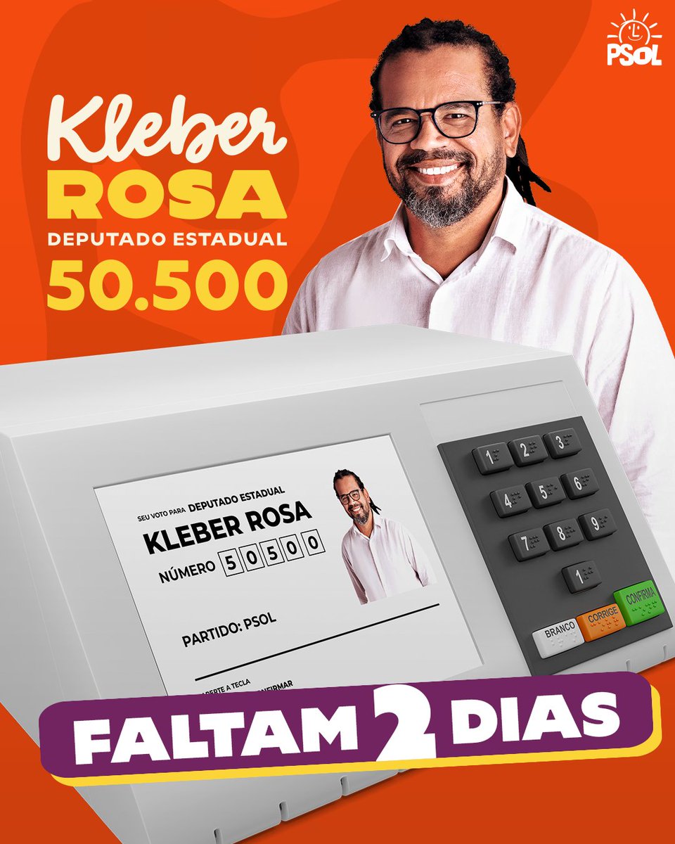 KleberRosa50's tweet photo. Faltam 2 dias! 🌹✊🏿 Tá chegando a hora de levar uma voz por nossa gente para a Assembleia Legislativa!

Até lá, bora chamar mais gente: converse com os amigos, mande uma mensagem no zap e espalhe nosso número. Cada voto conta e sua força faz diferença!

Para deputado estadual, é Kleber Rosa, 50.500! ❤️

#KleberRosa #50500 #UmaVozPorNossaGente

PROPAGANDA ELEITORAL - Federação PSOL/REDE - CNPJ 68.345.641/0001-11