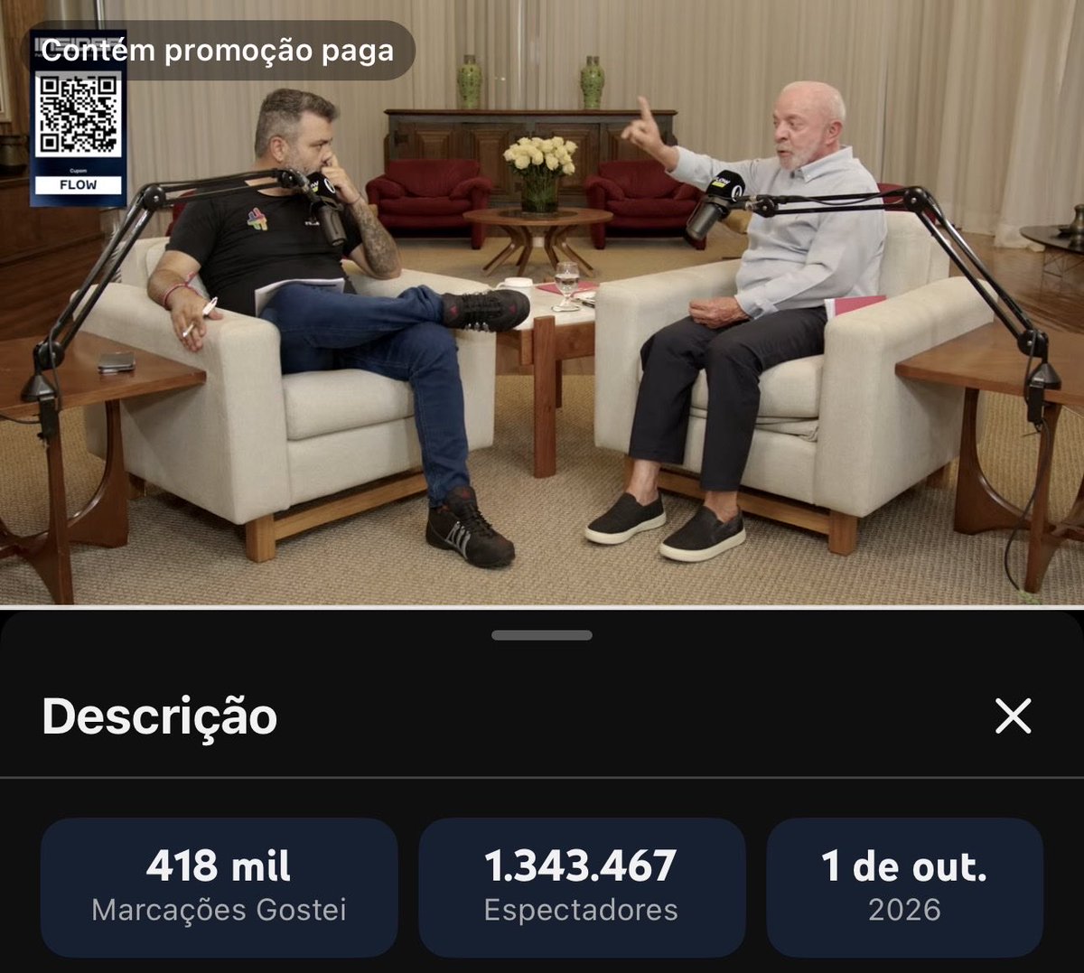 lazarorosa25's tweet photo. Mais de 1 milhão e 300 mil pessoas acompanhando o Lula no Flow.

SURREAL! BORA LULA 🇧🇷🚀 https://t.co/vDS5Kogd3y