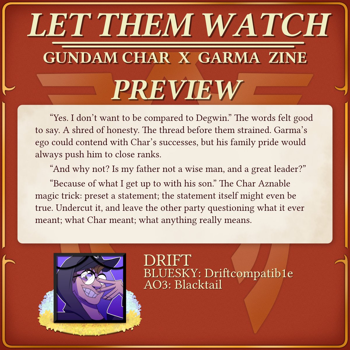 charmazine's tweet photo. Today we have an excellent fic preview by Drift (https://t.co/xQLYxnfSBy)!!

🌟Preorders: https://t.co/QysQtWEj8R

#gundam #charma #char #garma #CharAznable #GarmaZabi #UCGundam #MSGundam #gundam0079 #zinepromo https://t.co/FqyG4NB83h