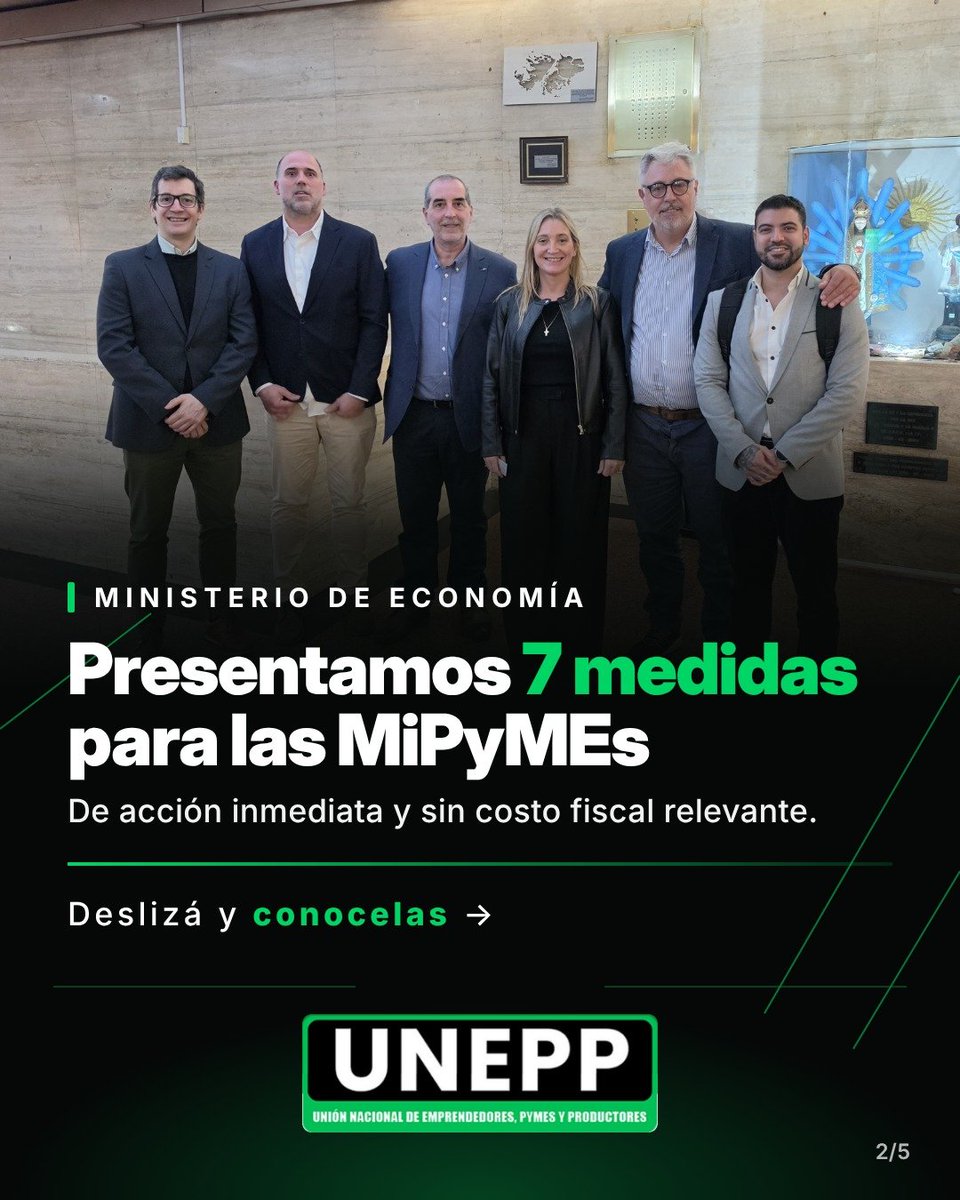 UNEPP_AR's tweet photo. 𝗥𝗲𝘂𝗻𝗶𝗼́𝗻 𝗶𝗻𝘀𝘁𝗶𝘁𝘂𝗰𝗶𝗼𝗻𝗮𝗹 𝗲𝗻 𝗲𝗹 𝗠𝗶𝗻𝗶𝘀𝘁𝗲𝗿𝗶𝗼 𝗱𝗲 𝗘𝗰𝗼𝗻𝗼𝗺𝗶́𝗮

Hoy nos reunimos con Joaquín Malbrán, Director Nacional de Gestión y Política PyME, para presentarle 7 medidas concretas para las MiPyMEs: de acción inmediata, con alto impacto y sin costo fiscal relevante.

Nos encontramos con un funcionario que conoce de cerca la realidad que viven hoy las pymes argentinas y que se comprometió a hacer todo lo posible para que nuestras propuestas lleguen a quienes tienen que tomar las decisiones. 💪

📌 Límites a las ejecuciones fiscales y multas de ARCA
📌 Devolución de saldos a favor en plazo legal
📌 Billetera fiscal única
📌 Revisión del scoring crediticio del BCRA
📌 Fin de los embargos múltiples
📌 Formulario único de cargas sociales
📌 Fin de ser agentes de retención sindical y de obra social

𝗦𝗲𝗴𝘂𝗶𝗺𝗼𝘀 𝘁𝗿𝗮𝗯𝗮𝗷𝗮𝗻𝗱𝗼 𝗽𝗮𝗿𝗮 𝗾𝘂𝗲 𝗹𝗮 𝘃𝗼𝘇 𝗱𝗲 𝗾𝘂𝗶𝗲𝗻𝗲𝘀 𝗽𝗿𝗼𝗱𝘂𝗰𝗲𝗻, 𝗲𝗺𝗽𝗿𝗲𝗻𝗱𝗲𝗻 𝘆 𝗴𝗲𝗻𝗲𝗿𝗮𝗻 𝗲𝗺𝗽𝗹𝗲𝗼 𝗹𝗹𝗲𝗴𝘂𝗲 𝗮 𝗱𝗼𝗻𝗱𝗲 𝘀𝗲 𝘁𝗼𝗺𝗮𝗻 𝗹𝗮𝘀 𝗱𝗲𝗰𝗶𝘀𝗶𝗼𝗻𝗲𝘀.

👉 Deslizá y conocé cada medida | https://t.co/bvTcHtD6e1

#ReformaLaboral #ReformaTributaria #ReformaSindical

@JoaquinMalbran 

🧵 Hilo