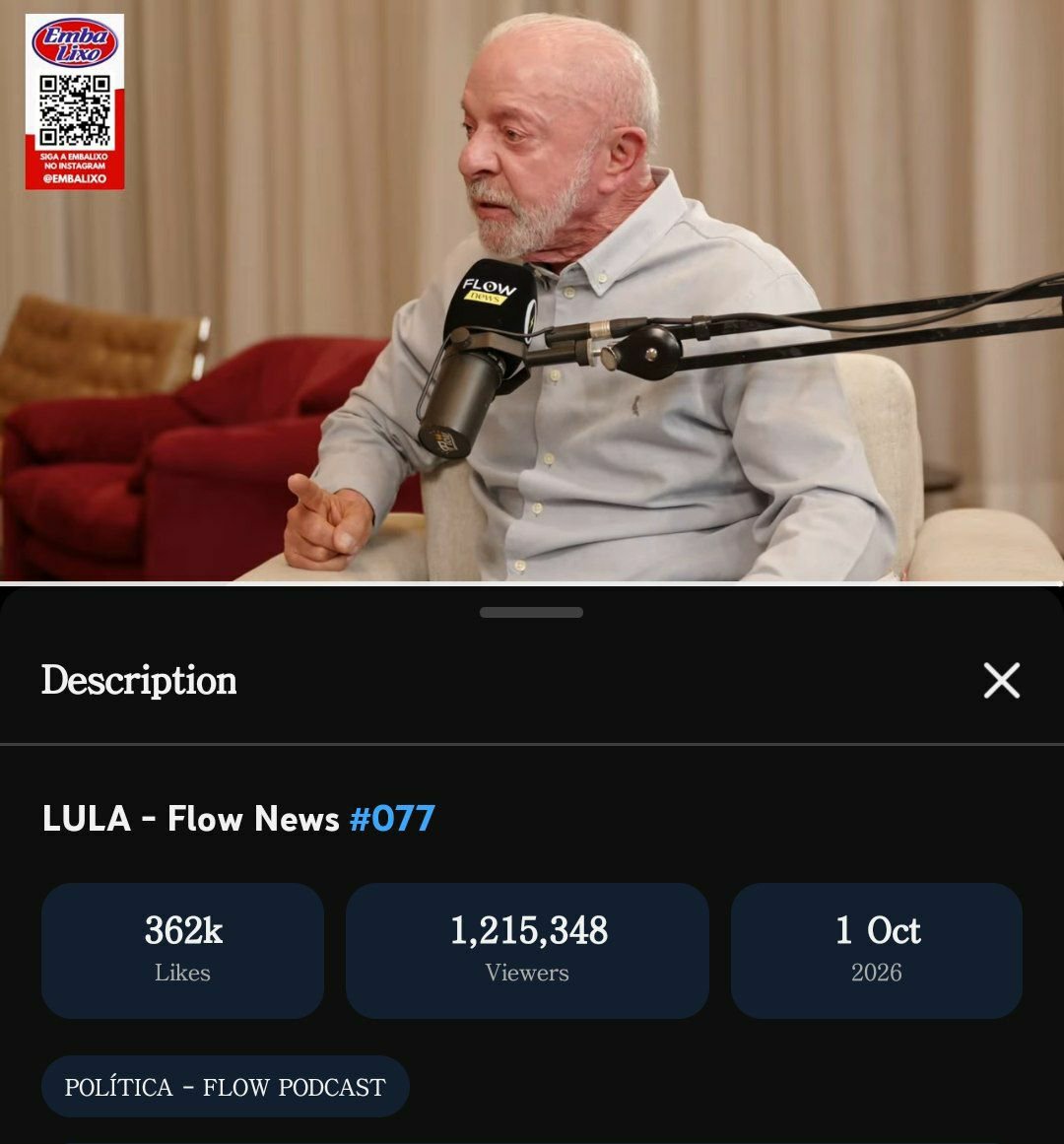 camarotedacpi's tweet photo. 📺 Mais de 1 milhão e 200 mil pessoas estão vendo a entrevista de Lula no Flow Podcast, batendo o recorde da entrevista de 2022.
—
https://t.co/DGoRACMzwv https://t.co/VX40ELrTua