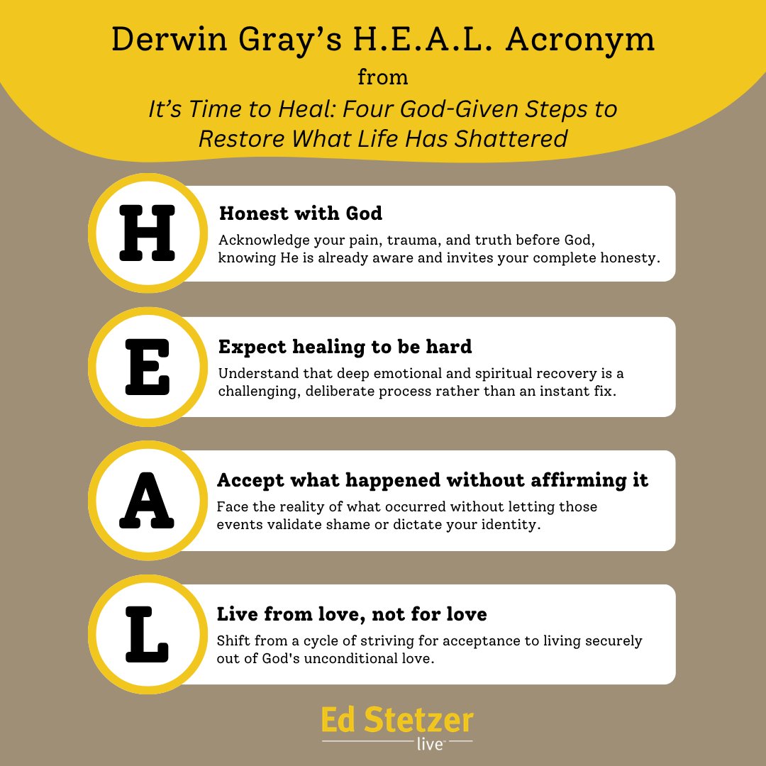 EdStetzerLive's tweet photo. Here's Dr. Derwin Gray's H.E.A.L. acronym from his book, "It's Time to Heal." If you missed our conversation with Derwin, you can listen here: https://t.co/ANp66zMMmG 
OR check us out on the Moody Radio App. 
#RedeemingYourPain #DerwinGray #ItsTimeToHeal #EdStetzerLive https://t.co/cDZiohaxpT