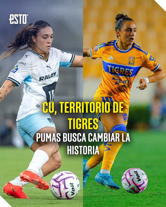 A promotional graphic from 'ESTO' featuring two female soccer players, one in a white kit and one in a yellow Tigres kit, with text reading 'CU, TERRITORIO DE TIGRES PUMAS BUSCA CAMBIAR LA HISTORIA'.