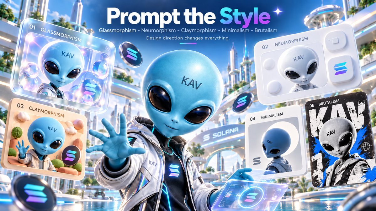 KavianCoin's tweet photo. 👽🎨 KAV is the Alien of Solana - KAV loves Solana, but creativity has no chain boundaries.

Today’s Creative Signal: Stop asking AI to simply “make a poster.”

The words you use to describe the visual style can completely change what ChatGPT creates. 🧠✨

Many people focus only on the subject:

“Create a poster about AI.”

But try adding a specific design direction and suddenly the same idea can feel futuristic, luxurious, playful, minimal, experimental, or cinematic.

🎨 Useful visual style keywords to experiment with:

🔹 Skeuomorphism
Real-world materials, physical buttons, textures, depth, shadows, and object-inspired interfaces.

🔹 Neumorphism
Soft surfaces, subtle highlights, smooth shadows, and elements that appear gently raised or pressed into the background.

🔹 Glassmorphism
Transparent or frosted-glass panels, blur, layered depth, reflections, and elegant futuristic interfaces.

🔹 Claymorphism
Rounded 3D objects, soft shapes, playful proportions, smooth materials, and friendly visual energy.

🔹 Minimalism
Clean composition, fewer elements, strong spacing, simple typography, and clear visual hierarchy.

🔹 Maximalism
Dense detail, strong colors, layered objects, expressive typography, textures, patterns, and visual energy.

🔹 Brutalism
Raw layouts, oversized typography, strong contrast, unconventional spacing, and intentionally aggressive design choices.

🔹 Liquid Glass
Glossy translucent materials, flowing shapes, refraction, reflections, smooth gradients, and futuristic depth.

💡 Just add the style you want to your prompt and ask ChatGPT to design the poster using that visual style.

But you can go much further. 👇

Try combining styles with:

✨ Futurism
🌌 Cyberpunk
🧊 Holographic design
🏛️ Retro-futurism
🎬 Cinematic realism
🖥️ Y2K digital design
📚 Editorial magazine layout
⚙️ Industrial design
🌿 Biophilic design
💎 Luxury product advertising
🧬 Sci-fi laboratory aesthetic
🌀 Surrealism
🧱 Isometric 3D
📡 HUD interface design
🎨 Paper-cut illustration

🔥 The important part is not discovering a magical keyword.

The real advantage comes from giving AI a clearer creative direction.

Instead of:

“Create an AI poster.”

Try:

“Create a professional futuristic AI poster using glassmorphism, translucent interface panels, subtle holographic reflections, strong visual hierarchy, cinematic daylight, clean typography, and a premium technology-advertising aesthetic.”

That gives the model much more information about what you actually want.

🧠 KAV Prompt Formula:

Purpose + Subject + Composition + Visual Style + Materials + Lighting + Colors + Text + Constraints + Aspect Ratio

Example:

“Create a professional educational poster about artificial intelligence. Use a futuristic glassmorphism style with transparent interface panels, metallic 3D elements, bright natural daylight, blue-purple highlights, minimal text, strong visual hierarchy, and a clean premium technology aesthetic. Horizontal 16:9. Keep the main subject clearly visible and avoid unnecessary background objects.”

💡 KAV reminder:

AI creativity improves when human imagination becomes more specific.

Don’t just tell the machine what to create.

Tell it how the world you imagine should look, feel, and communicate. 👽🎨⚡

Built for minds. Powered by KAV.

#ChatGPTPrompts #PromptEngineering #AIArt #AIDesign #GenerativeAI #CreativeAI