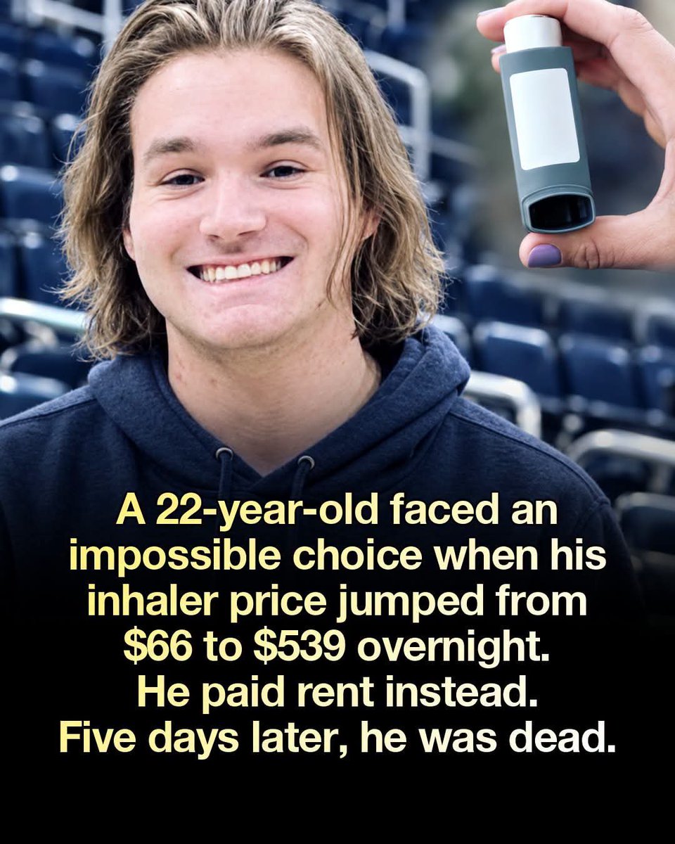 fascinatingonX's tweet photo. A 22-year-old needed his inhaler. He needed his rent money more. He didn't survive the choice.

Cole Schmidtknecht walked into a pharmacy on January 10, 2024, expecting to pay $35 to $66 under his insurance. The bill came to $539.19. His daily preventative inhaler wasn't covered anymore.

He earned $19 an hour. Rent was coming.

Five days later, on January 15, a severe asthma attack sent him into cardiac arrest. He was taken off life support on January 21.

His parents have filed a federal lawsuit alleging nobody gave adequate notice of the coverage change or offered an affordable alternative.

He wasn't careless. He just did the math.
