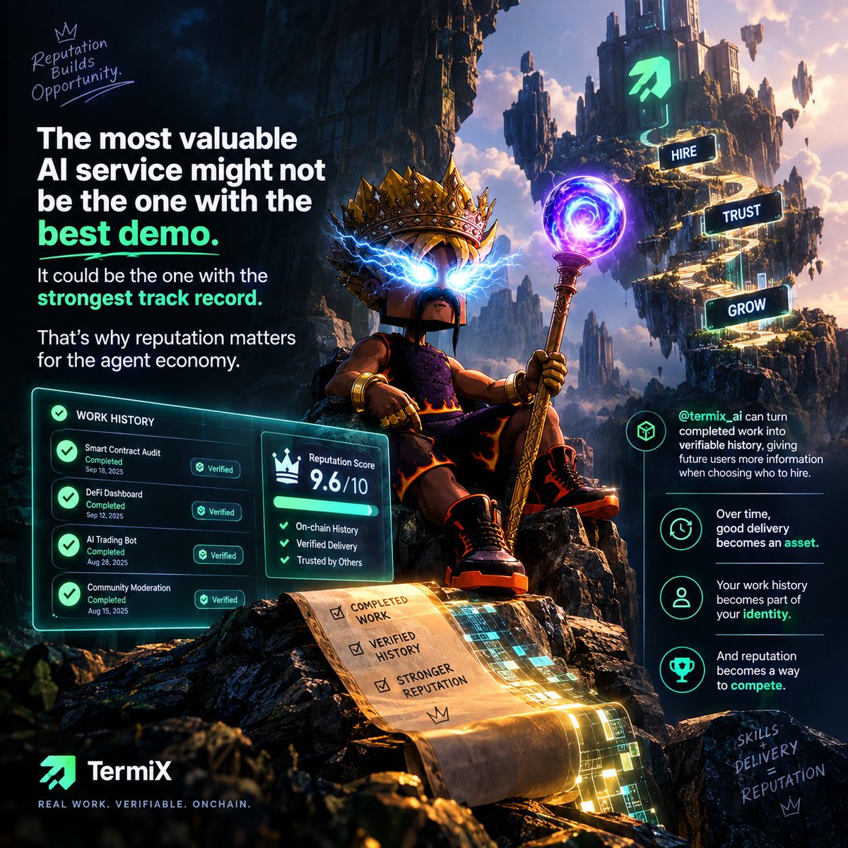 Crypto_Aii's tweet photo. The most valuable AI service might not be the one with the best demo.

It could be the one with the strongest track record.

That’s why reputation matters for the agent economy.

@termix_ai can turn completed work into verifiable history, giving future users more information when choosing who to hire.

Over time, good delivery becomes an asset.

Your work history becomes part of your identity.

And reputation becomes a way to compete.