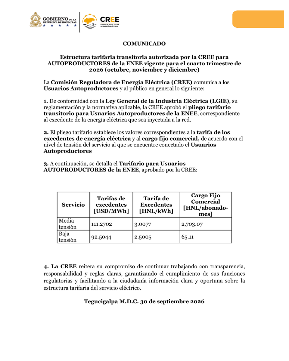CREE_HONDURAS's tweet photo. 𝗖𝗥𝗘𝗘 𝗮𝗽𝗿𝘂𝗲𝗯𝗮 𝗲𝘀𝘁𝗿𝘂𝗰𝘁𝘂𝗿𝗮 𝘁𝗮𝗿𝗶𝗳𝗮𝗿𝗶𝗮 𝘁𝗿𝗮𝗻𝘀𝗶𝘁𝗼𝗿𝗶𝗮 𝗽𝗮𝗿𝗮 𝗔𝗨𝗧𝗢𝗣𝗥𝗢𝗗𝗨𝗖𝗧𝗢𝗥𝗘𝗦 𝗱𝗲 𝗹𝗮 𝗘𝗡𝗘𝗘

La Comisión Reguladora de Energía Eléctrica (CREE) aprobó la estructura tarifaria transitoria autorizada para los 𝗮𝘂𝘁𝗼𝗽𝗿𝗼𝗱𝘂𝗰𝘁𝗼𝗿𝗲𝘀 𝗱𝗲 𝗹𝗮 𝗘𝗡𝗘𝗘, vigente durante el cuarto trimestre de 2026: 𝗼𝗰𝘁𝘂𝗯𝗿𝗲, 𝗻𝗼𝘃𝗶𝗲𝗺𝗯𝗿𝗲 𝘆 𝗱𝗶𝗰𝗶𝗲𝗺𝗯𝗿𝗲.
📄 Consulte el informe completo aquí: https://t.co/CQeDix3zHX

@hnpresidencia