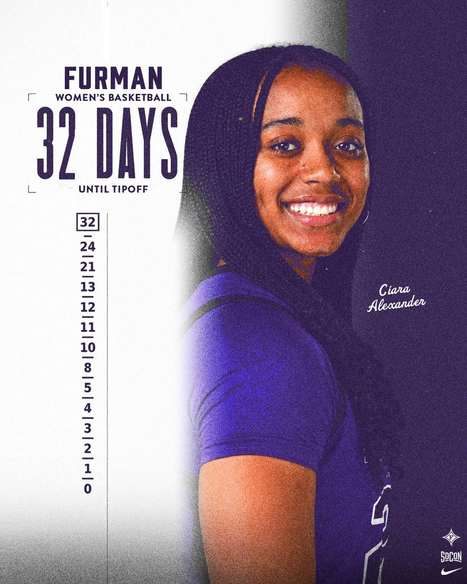 FurmanWBB's tweet photo. The countdown begins. We are 3️⃣2️⃣ days out from our first game!! 

#JustUs https://t.co/yE4odppY8G