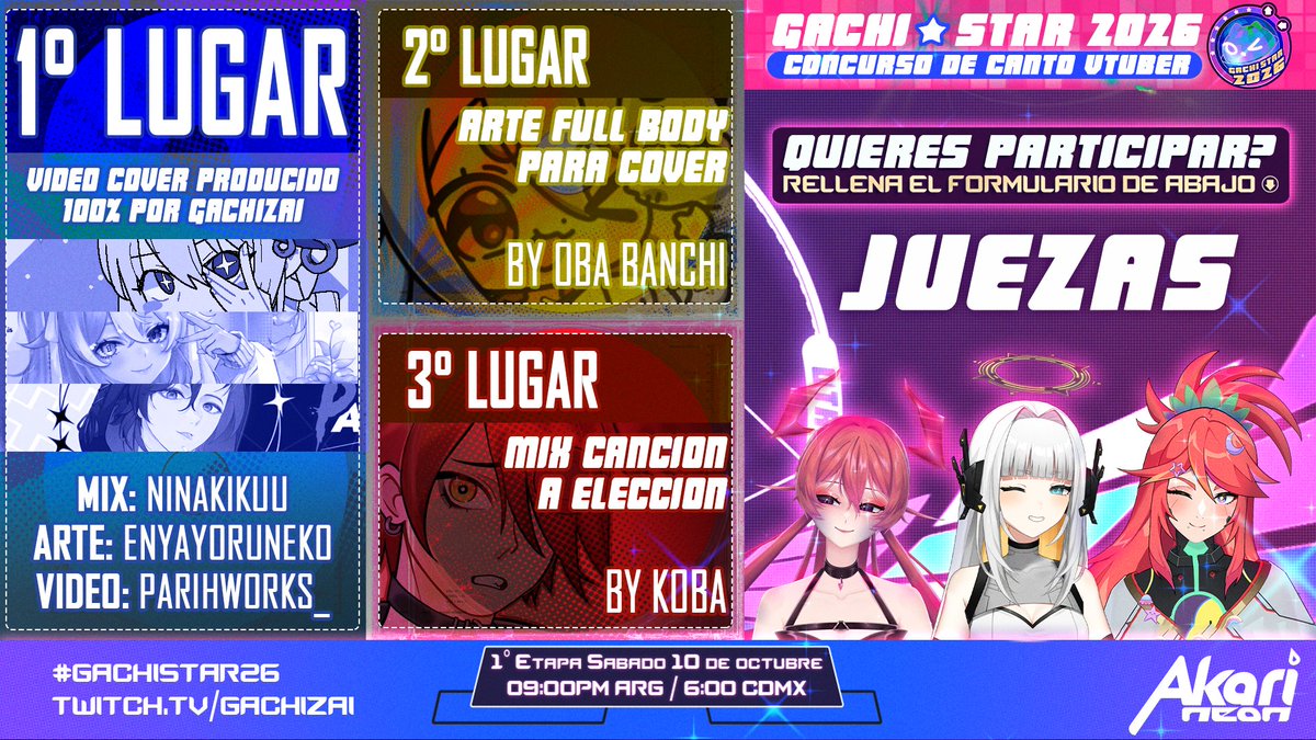 GachiZai's tweet photo. 🎵𝗚𝗮𝗰𝗵𝗶 𝗦𝘁𝗮𝗿ⵑ🎤
¡Cada vez queda menos para #GachiStar! El mayor concurso de canto de la comunidad Vtuber 🎊
¿Y que sería de un gran concurso sin increíbles premios hechos por gente tan talentosa? ✨
Aún tienes tiempo de inscribirte! ⬇️⬇️⬇️ https://t.co/Sjn2t7LwpF