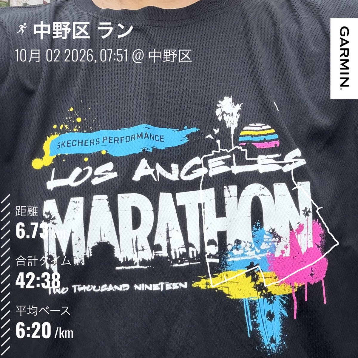 etohf's tweet photo. 朝ラン。cwx下ロサンゼルスマラソン2019半袖T。6.73km 42分38���6:20/km。今日も良い感じです。涼しくて走りやすい。少し雨がぱらつく。 https://t.co/qWWyAkXv8o