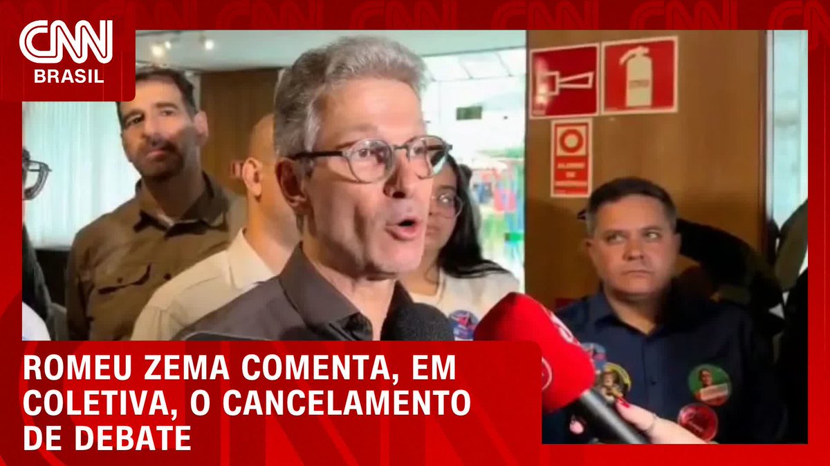 The image shows CNN Brasil's coverage of a press conference featuring Romeu Zema, with a lower-third headline reading "ROMEU ZEMA COMENTA, EM COLETIVA, O CANCELAMENTO DE DEBATE," referring to his comments on the cancellation of a presidential debate that was halted after TV Globo resisted a Supreme Court order to include candidate Renan Santos (Missão) in the October 1, 2026 broadcast.