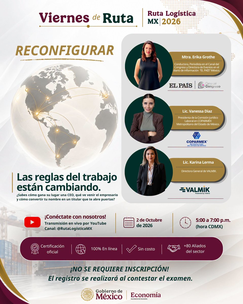 AMACARGA's tweet photo. 🚀 Amacarga sigue participando con la Secretaría de Economía en los proyectos y seminarios de #Ruta Logística.⁣ 
🗓️ 2 de octubre de 2026⁣
⏰ 5:00 a 7:00 p.m. (hora CDMX)⁣
📲 Transmisión en vivo por YouTube⁣
🔴 Conéctate aquí: https://t.co/80SYPAEHl2⁣
¡Te esperamos! https://t.co/nSD39e5d4u