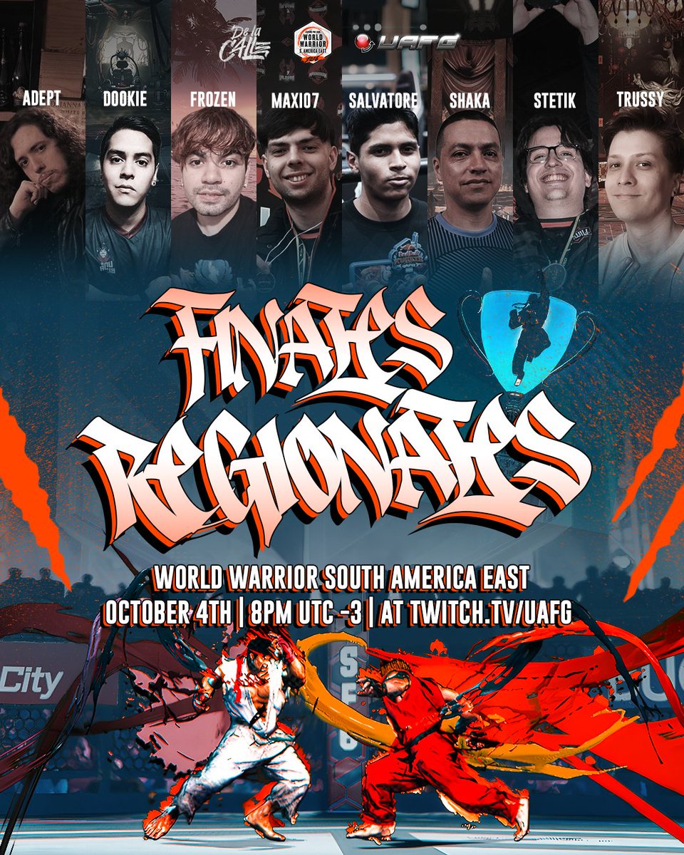 UAFG_AR's tweet photo. Old Warriors. New Contenders.
Only one will be crowned with glory.

Tune in this sunday to watch the World Warrior regional finals for South America East 🇦🇷🇧🇴🇵🇾🇺🇾 and see who makes it to #CapcomCup13

🗓️ October 4th, 8pm UTC-03 live at ttv/UAFG https://t.co/7rGtn9s3Gv