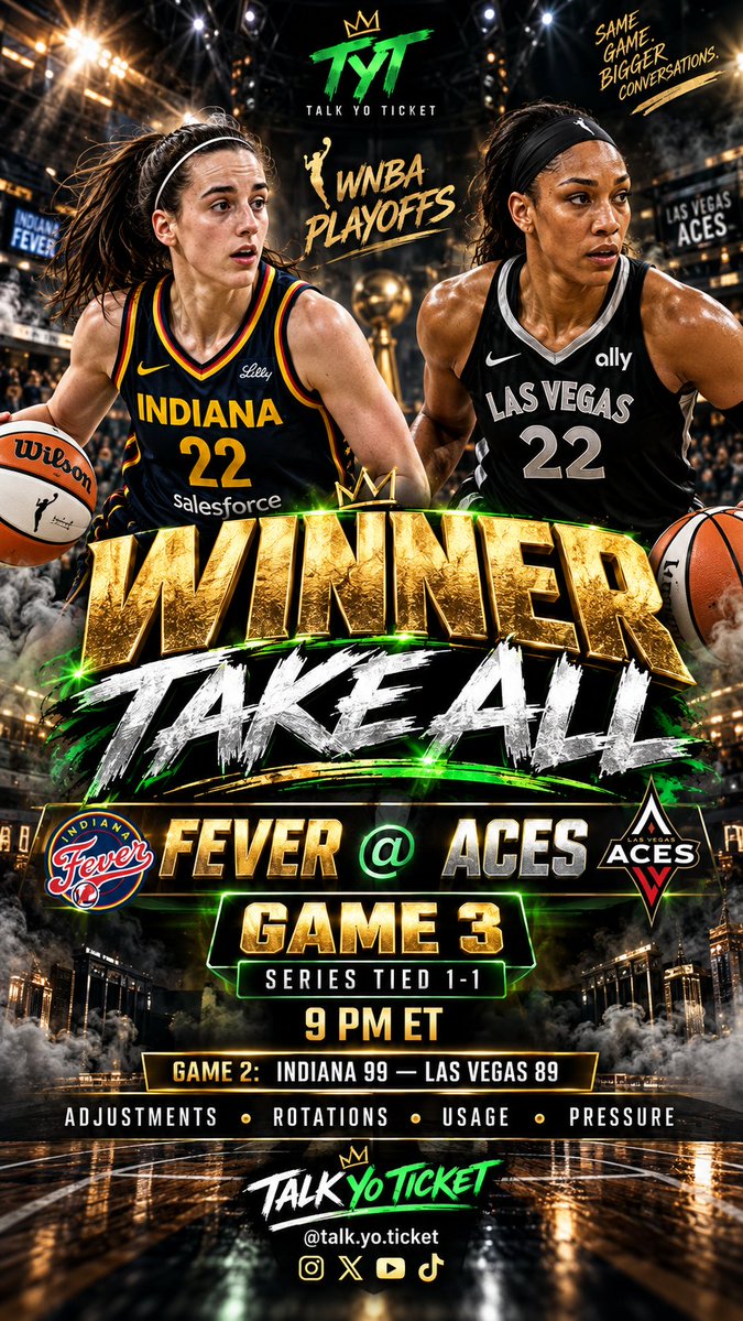 Talk_Yo_Ticket's tweet photo. WINNER TAKE ALL. 🏀🔥

Fever @ Aces — 9 PM ET.
Series tied 1–1.

Game 1: Vegas.
Game 2: Indiana.
Game 3: everything.

The question tonight: WHAT CHANGES BECAUSE OF GAME 2?

#TalkYoTicket #WNBAPlayoffs https://t.co/aNEF6ybr8P
