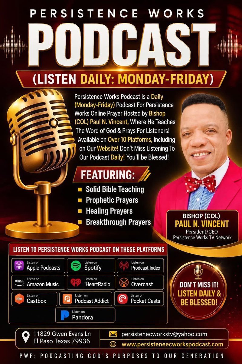 BishopColPaul's tweet photo. LISTEN TO PERSISTENCE WORKS PODCAST: 
WITH: BISHOP (COL) PAUL N. VINCENT  
https://t.co/2fQBkZSCJV

Friends, Listen To The Recent Episode of Persistence Works Podcast On Over 15 Platforms - Lists & Links Below! Listen Daily Monday- Friday! Listen On These Platforms Using Links Below! Don’t Miss Our Podcasts Daily! Click Any of The Links To Listen Now: 

LISTEN & FOLLOW ON THESE PLATFORMS:

APPLE PODCAST:
https://t.co/MrwtxTx5wq

SPOTIFY: 
https://t.co/UqXJbia184

AMAZON MUSIC: 
https://t.co/CfNIj0wCCI

iHEART RADIO: 
https://t.co/ZYRTV8LWkl

PODCAST INDEX: 
https://t.co/0z98Jq4qwJ

CASTBOX FM: 
https://t.co/j8HQ6idceC

OVERCAST FM: 
https://t.co/0ZCRuIUe9k

PODCAST ADDICT: 
https://t.co/Wm5DbG7YDo

DEEZER: 
https://t.co/8tiTvKhsvy

PODCHASER: 
https://t.co/1FlWlSr2JX

CASTRO FM:  
https://t.co/DhaqLEaKPe

GOODPODS: 
https://t.co/HA2jnYYy37

TRUEFANS: 
https://t.co/mwkv2BXAHy

PERSISTENCE WORKS PODCAST WEBSITE: 
https://t.co/2fQBkZSCJV
