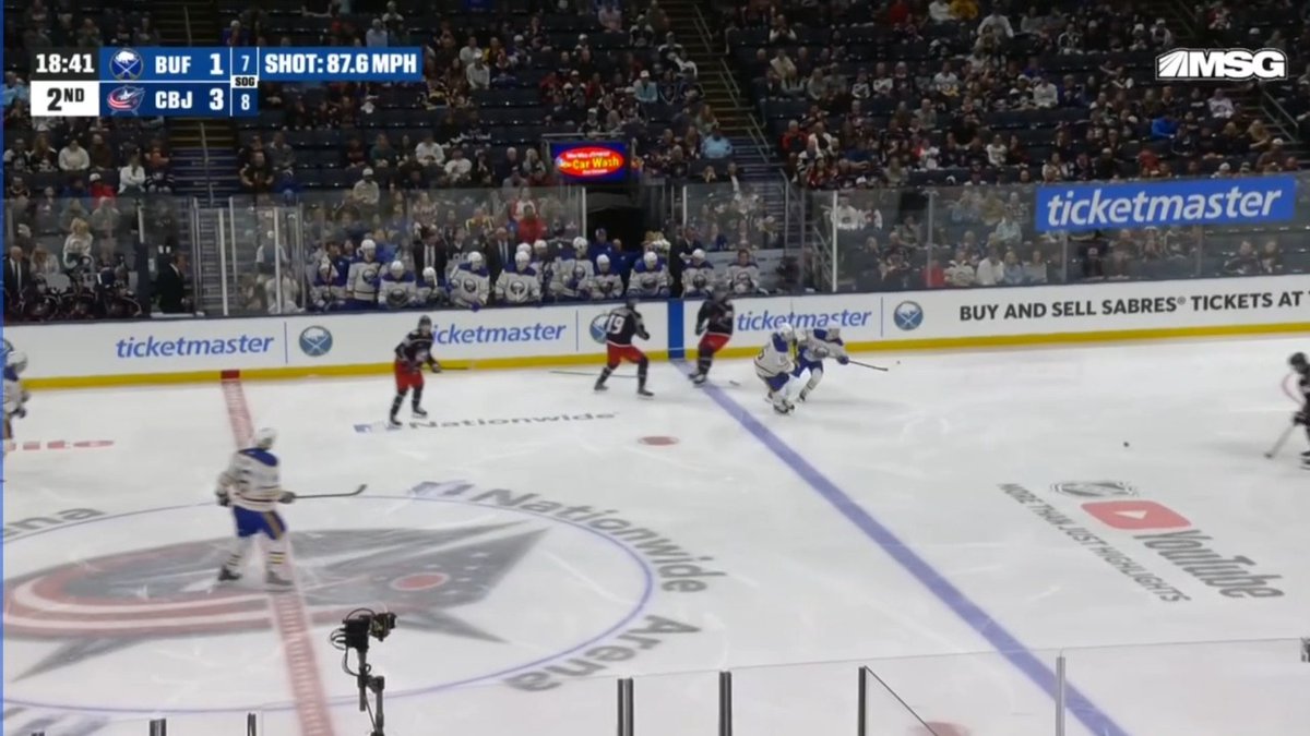 A Buffalo Sabres hockey game is underway at Nationwide Arena with 18:41 left in the 2nd period, showing CBJ leading 3-1 over BUF. Jack Quinn is visible on the ice as part of the Sabres' top line, with a shot clock displaying 87.6 MPH and ads for Ticketmaster and YouTube TV lining the boards.