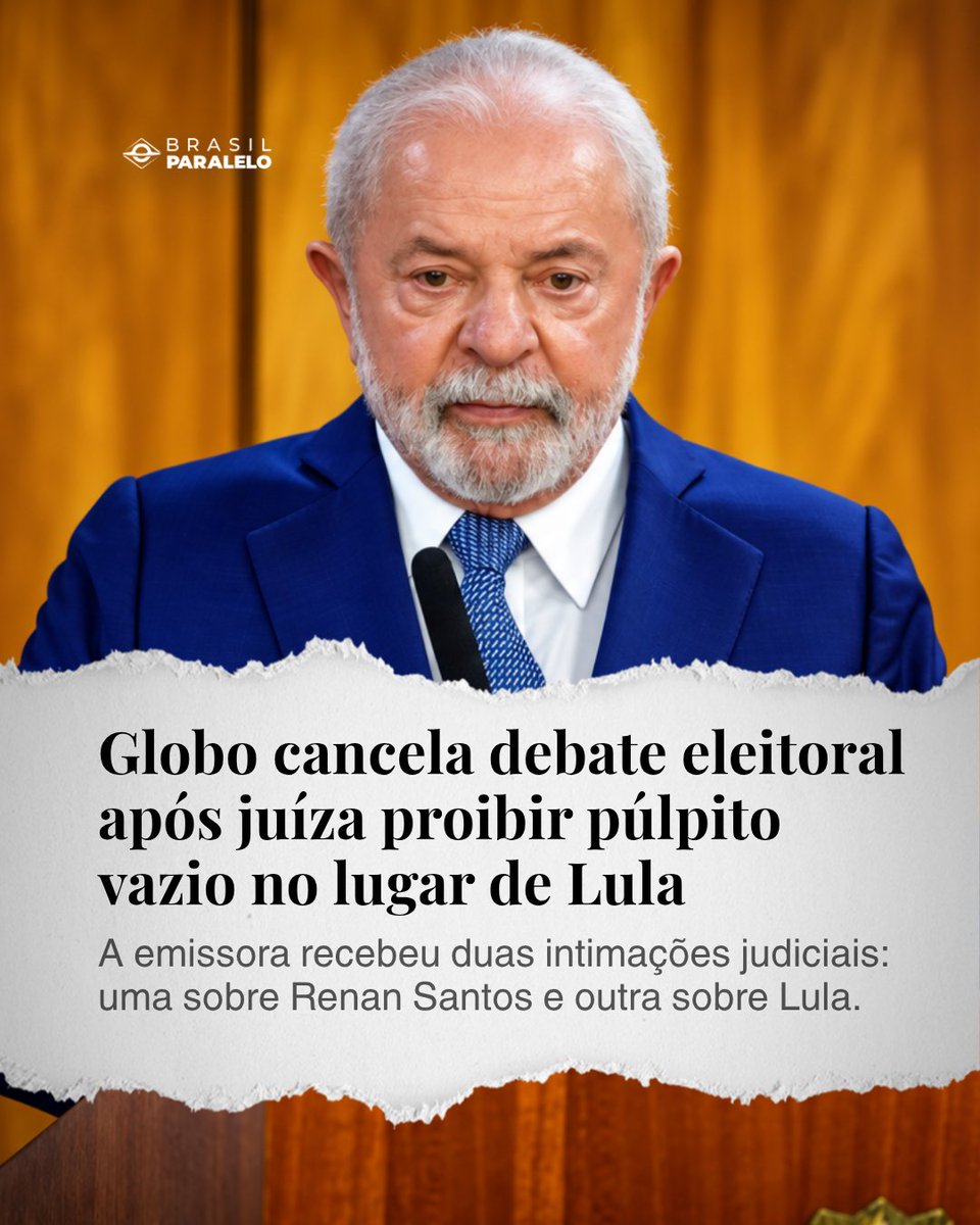 brasilparalelo's tweet photo. Poucas horas antes do debate, a Globo recebeu decisões judiciais que alteraram as regras previamente definidas.

O TSE proibiu o púlpito vazio de Lula e também impediu que os candidatos fizessem perguntas destinadas a ele.

Em outra decisão, Gilmar Mendes determinou a participação de Renan Santos, mesmo com o Missão tendo apenas um parlamentar no Congresso.

A Globo afirmou que as mudanças de última hora geraram insegurança jurídica e decidiu cancelar o debate.